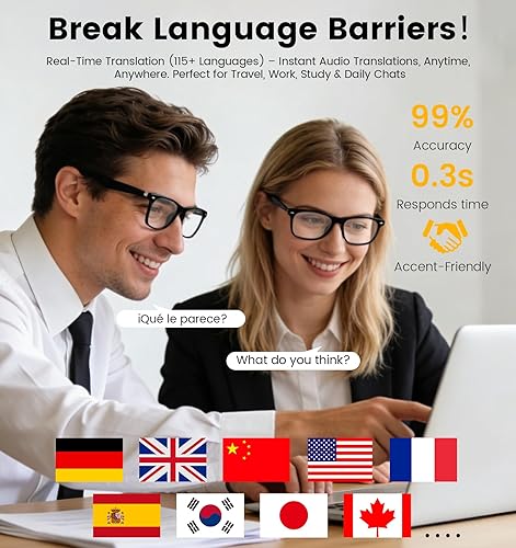 Miniatura 2 de Lentes inteligentes AI para hombres y mujeres con traducción en tiempo real y audio Bluetooth, gafas de traductor de 115 idiomas con altavoces de
