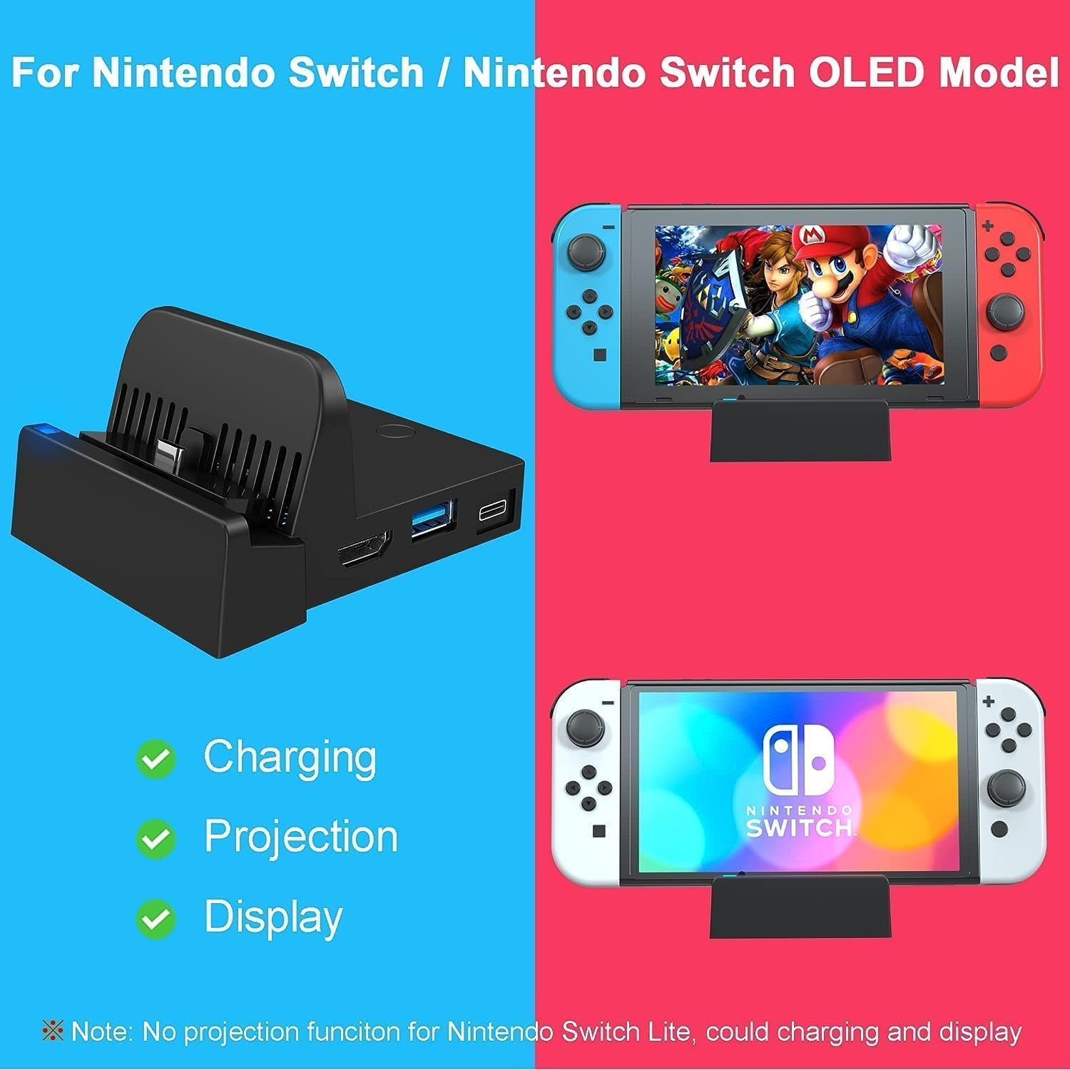 Ponkor Switch TV Docking Station para Switch, 1080P HD Switch TV Dock, 4K HD Switch/Switch OLED Adaptador con Interfaz HDMI y Puerto USB 3.0, Portátil USB C a HDMI TV Adaptador