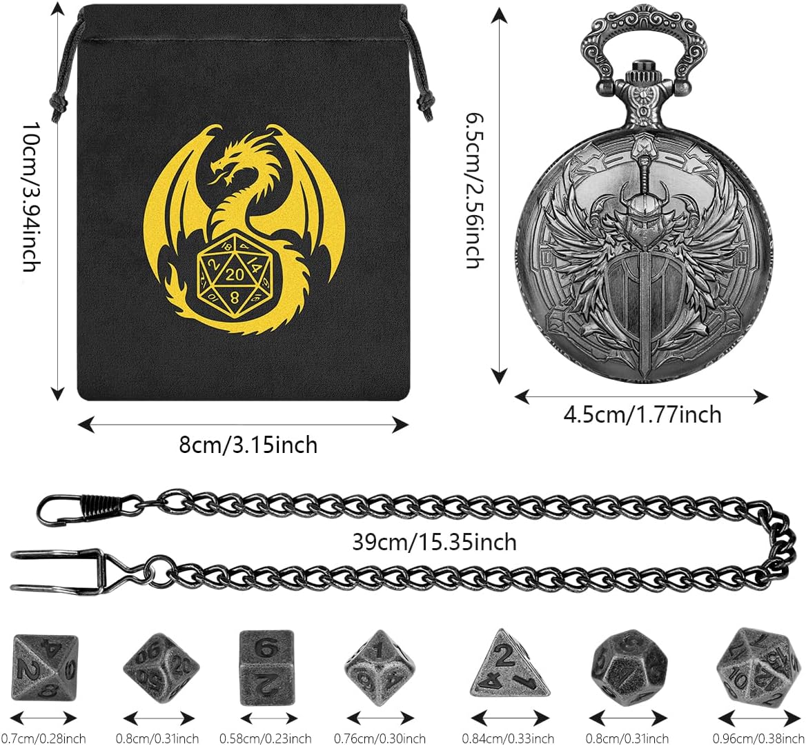 Mini DND Dice Set with Steampunk Paladin Pocket Watch Shell Case, DND Starter Set, 7pcs Polyhedral Mini Metal Dice Set, DND Gifts with Gift Bag, Role Playing Board Game Accessories, Silver