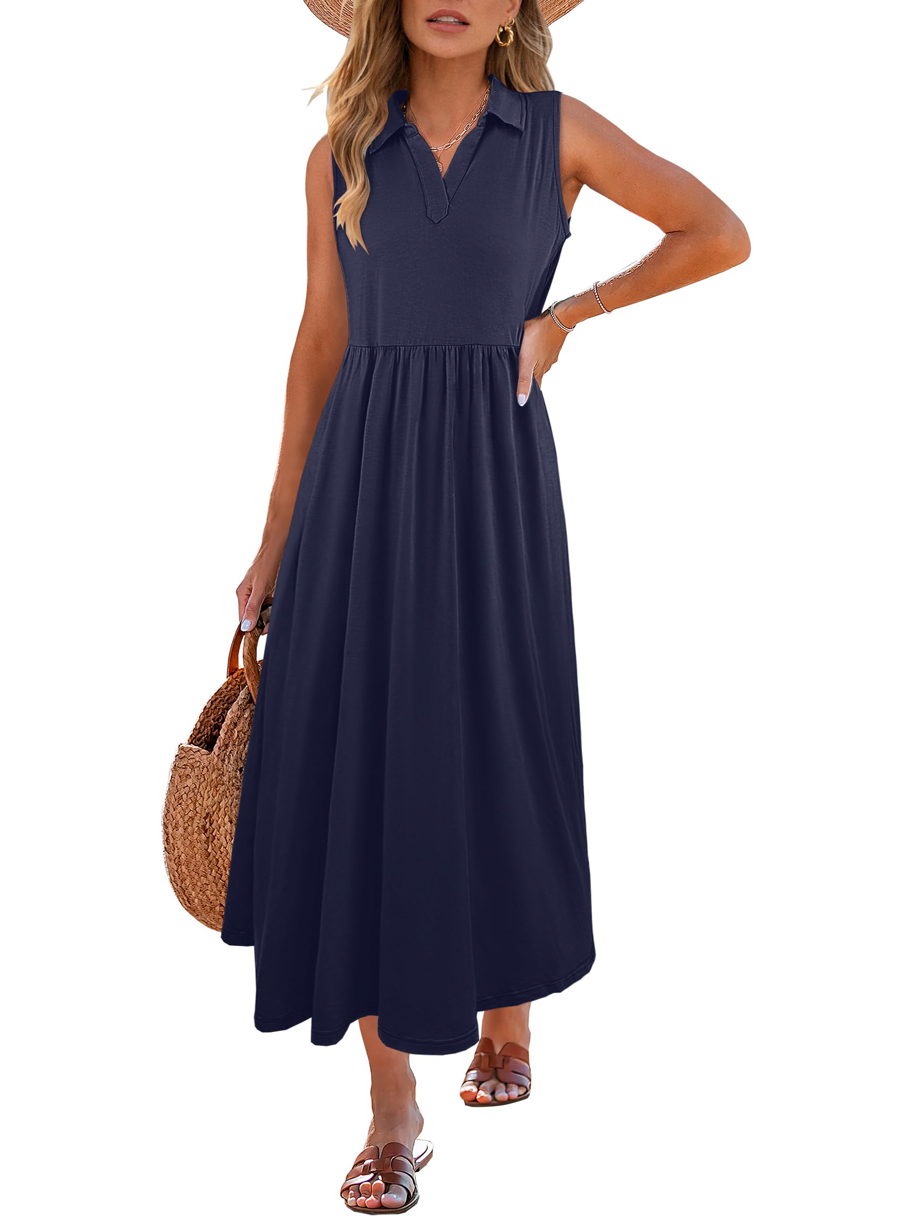 ANRABESS Women Casual Maxi Dress Sleeveless V Neck Summer Beach Sundress
