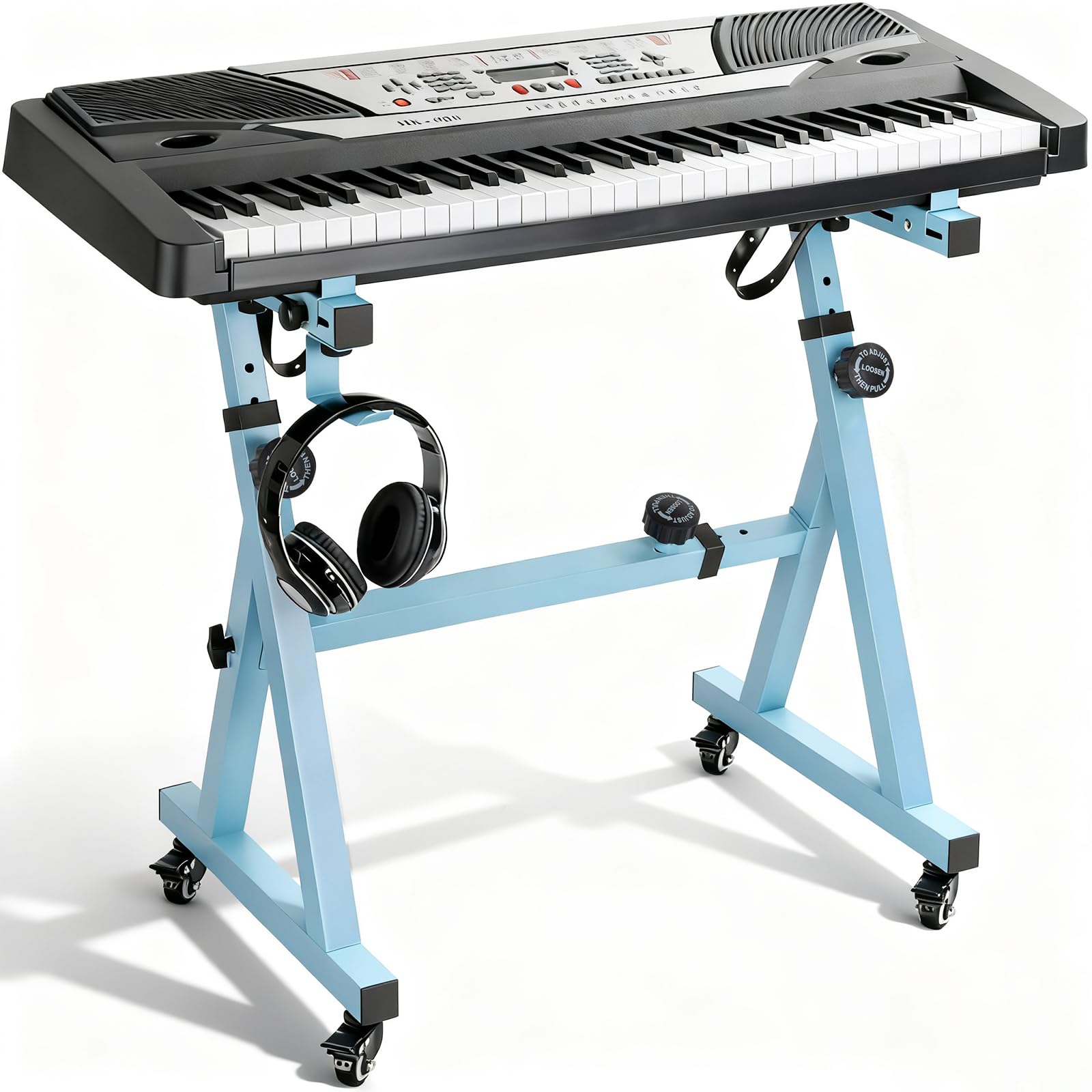 Supporto per Tastiera Pianoforte Regolabile in Altezza da 55 a 87CM, Supporto per Pianoforte a Forma di Z con 4 Ruote Girevoli, Adatto per Pianoforti con 54-88 Tasti, Capacità di Carico 160KG (Blu)