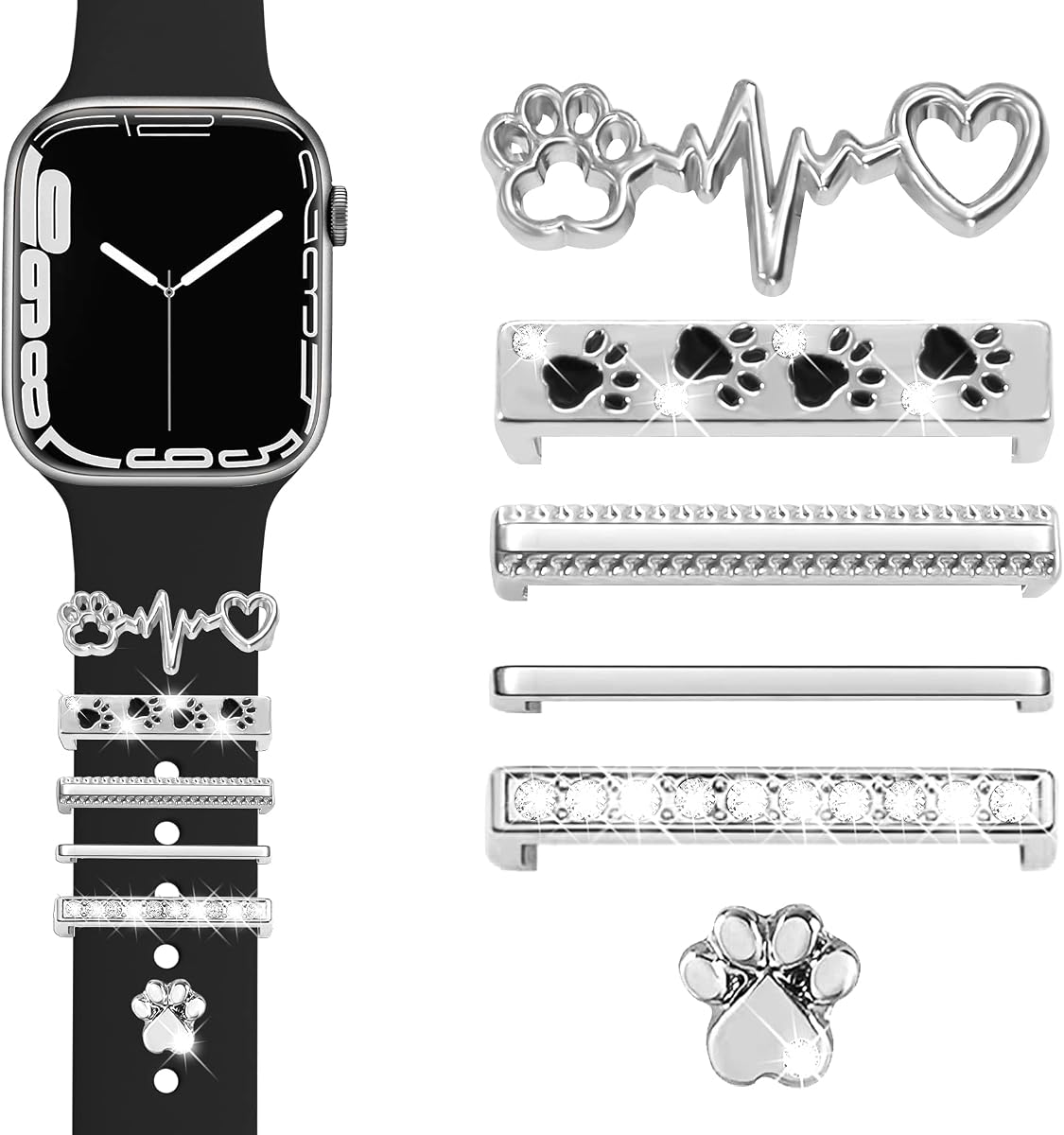 Watch Band Charms with Decorative Bling Rings Loops, Compatible with Apple Watch 40mm 38mm 41mm 42mm 44mm 45mm Metal Diamond Charms Smart Watch Strap Accessories for iWatch Series 8 7 SE 6 5 4 3 2 1 (No Band)Silver