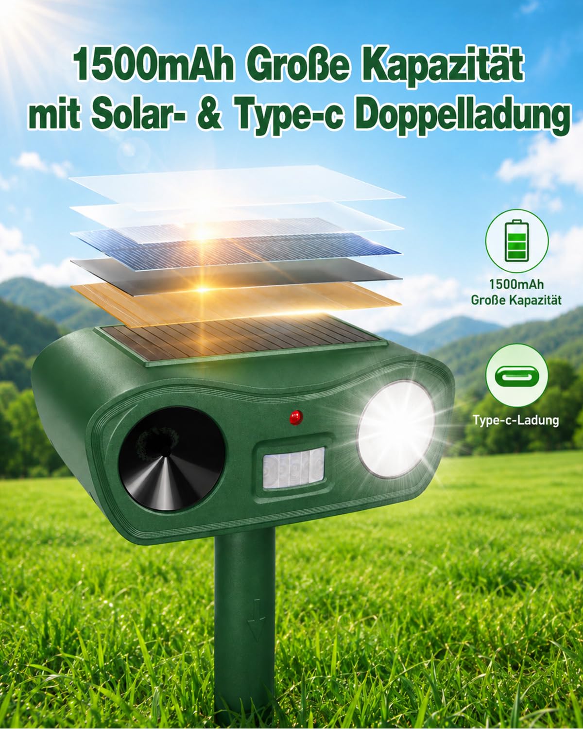 Ahuyentador de gatos ultrasónico solar y relámpago, repelente de topos IPX4, resistente al agua, para jardín, eficaz contra gatos, ratones, perros, pájaros y plagas
