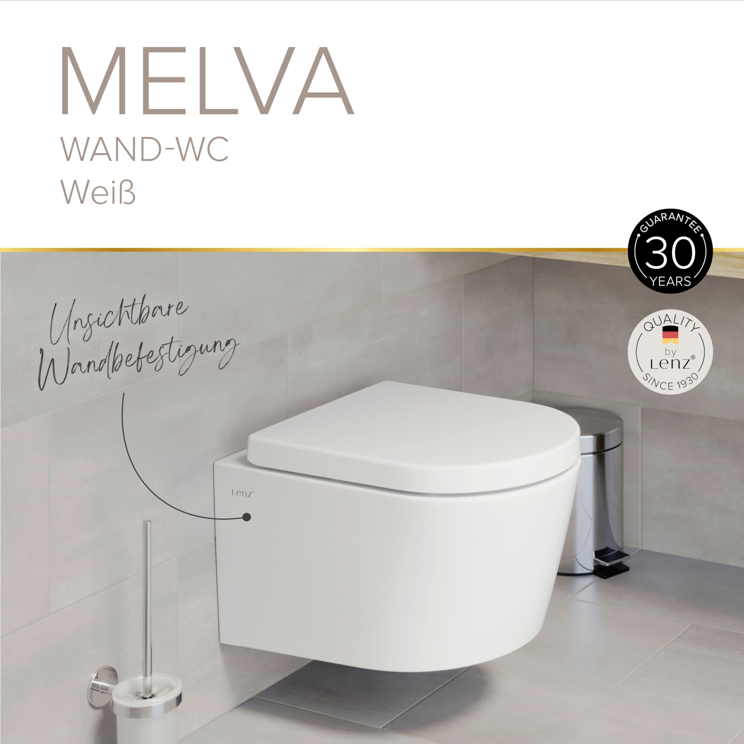 Lenz Spülrandloses Wand-WC MELVA in D-Form – Hygienisch, geruchsarm & leicht zu reinigen – Superglatte KeepClean-Oberfläche – Einfache Montage mit Help Fix – Tiefspüler, Weiß, 41030161