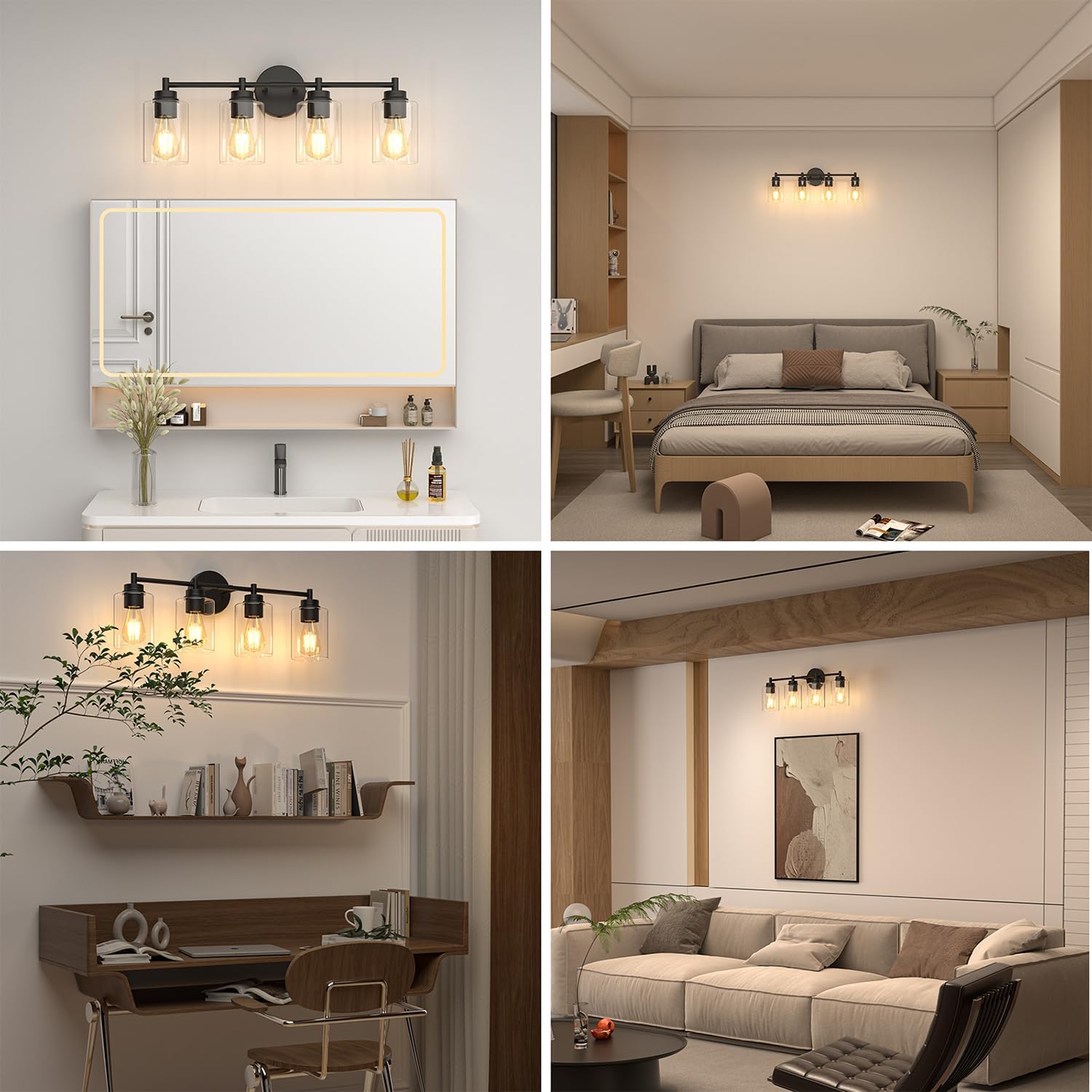 4-Light Bathroom Light Fixtures, Matte Black Modern Vanity Light with Clear Glass Shades, Wall Lamp for Mirror Living Room Cabinet Bedroom Porch,E26 Base(Bulbs Not Included)