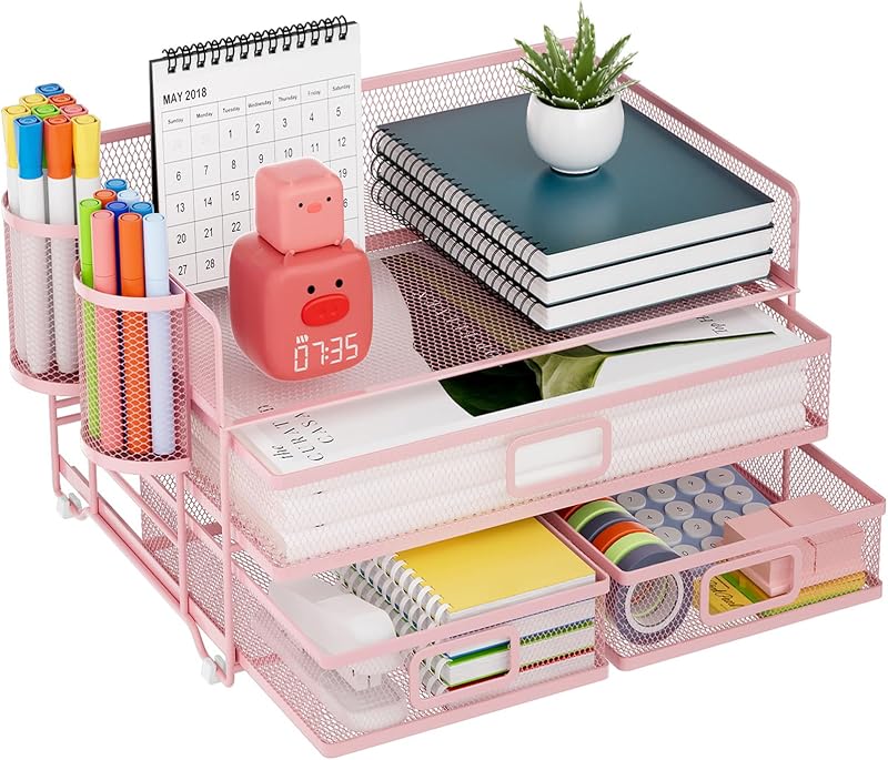 Marbrasse Organizador de escritorio de malla de 3 niveles con cajón, organizadores de escritorio multifuncionales y accesorios, organizador de cartas de papel con 2 soportes para bolígrafos para suministros de oficina en el hogar (rosa)