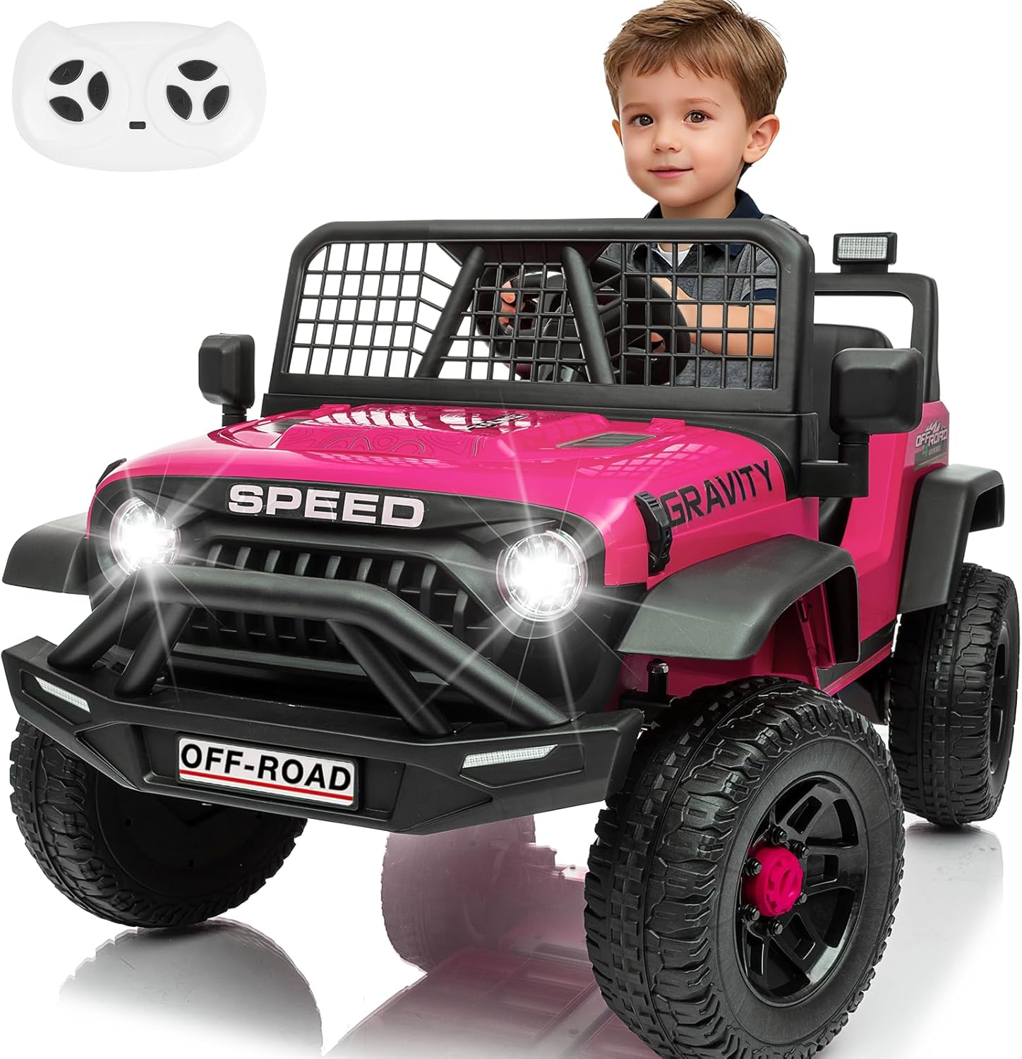 24V Jeep Power Wheels w/Remote Control, 4WD Ride on Truck Car, 3 Speed, Bluetooth Music, Wide Seat, Spring Suspension, LED Light, Birthday for Boys Girls Toddler (Black+Pink)