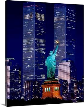CANVAS ON DEMAND New York City, Statue of Liberty and World Trade Center At Night Canvas Wall Art Print by Giovanni Simeone, Home Decor, America, U,s,a, Artwork, 24" x30in