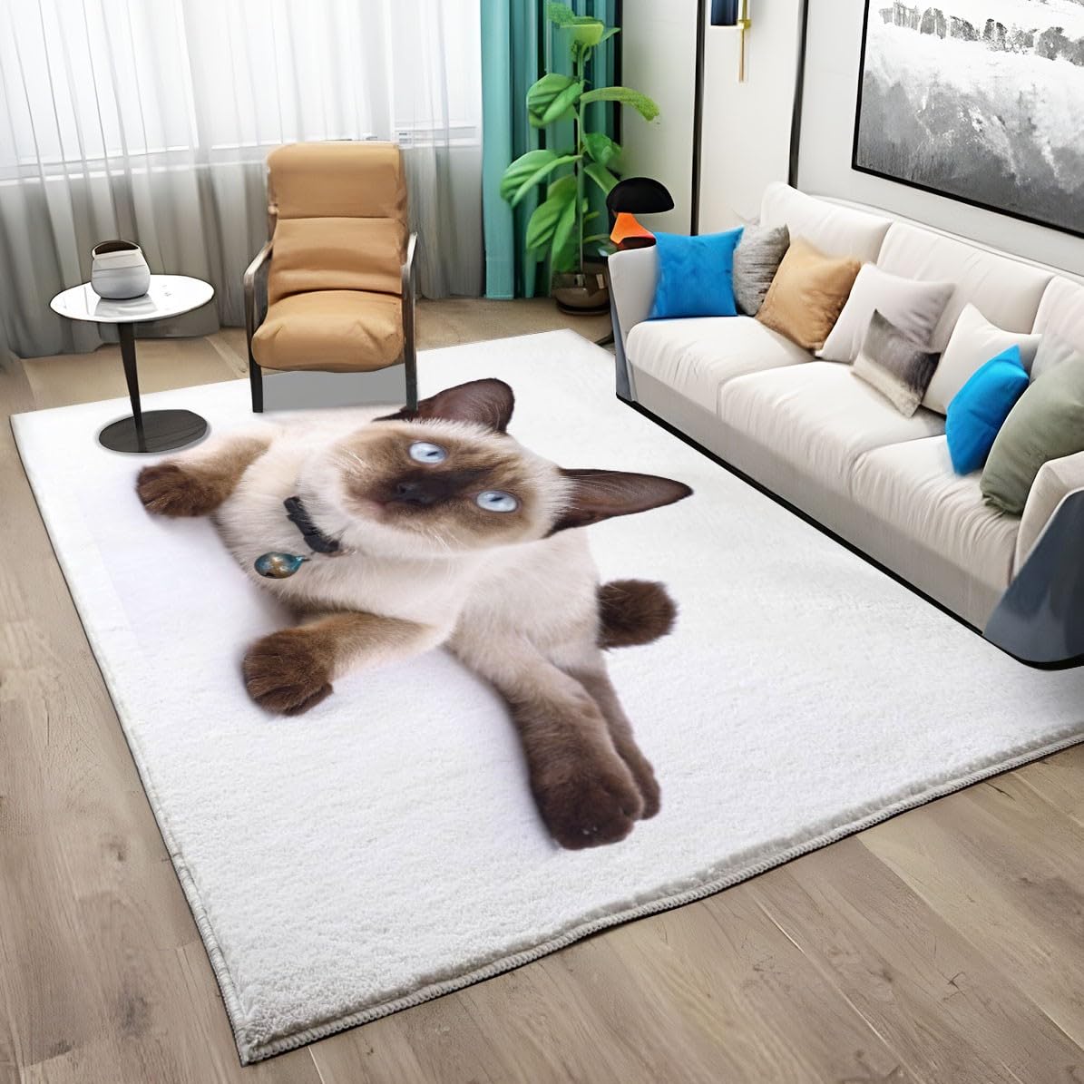 Weiß Waschbarer Teppich Siamkatze als Haustier Teppich Wohnzimmer 120x170 Teppich Kurzflor Modern Teppich Schlafzimmer Teppich Groß Weiche rutschfest Waschbarer Teppich