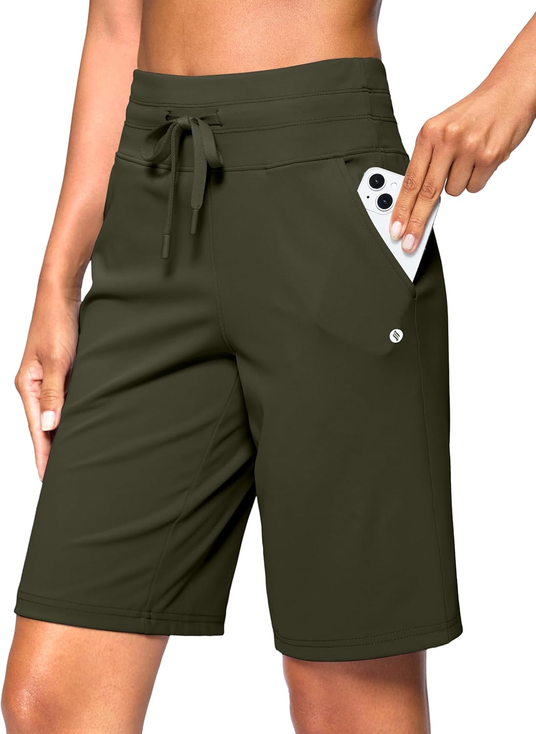 SANTINY Women's Bermuda Long Shorts with Pockets Drawstring High Waisted Athletic Knee Length Shorts Walking Casual Workout