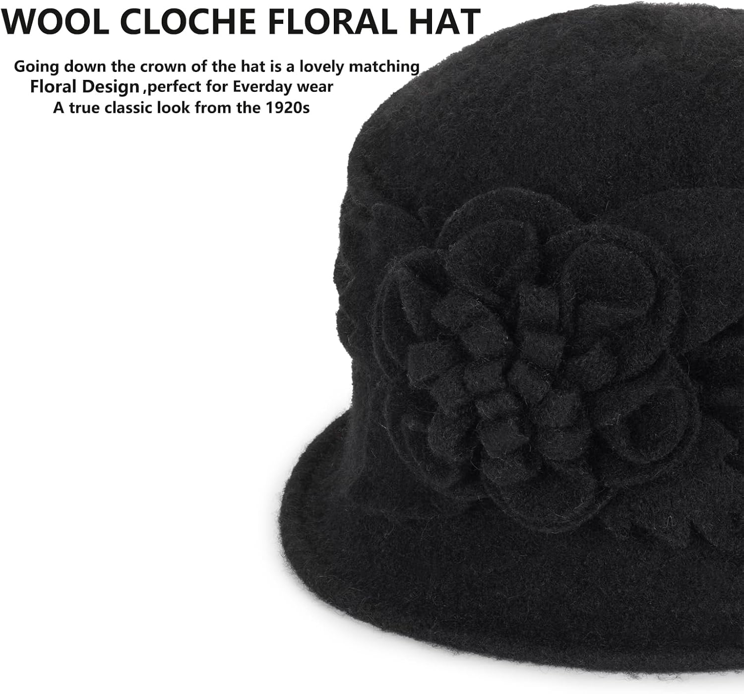 Womens Winter Hat 1920s Wool Cloche Hat for Women Ladies Crushable - Image 3