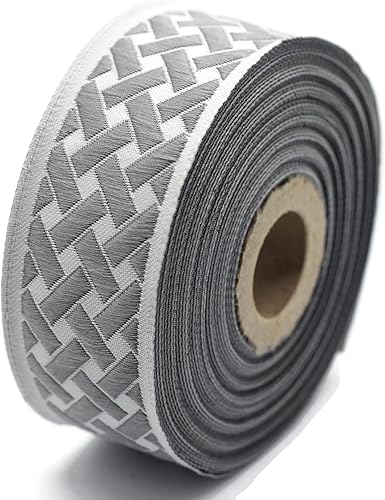 Miniatura 2 de Carrete de 11 yardas de 1.37 pulgadas de ancho con nudo gris y blanco, cinta jacquard con ribete geométrico, adornos jacquard, suministros para