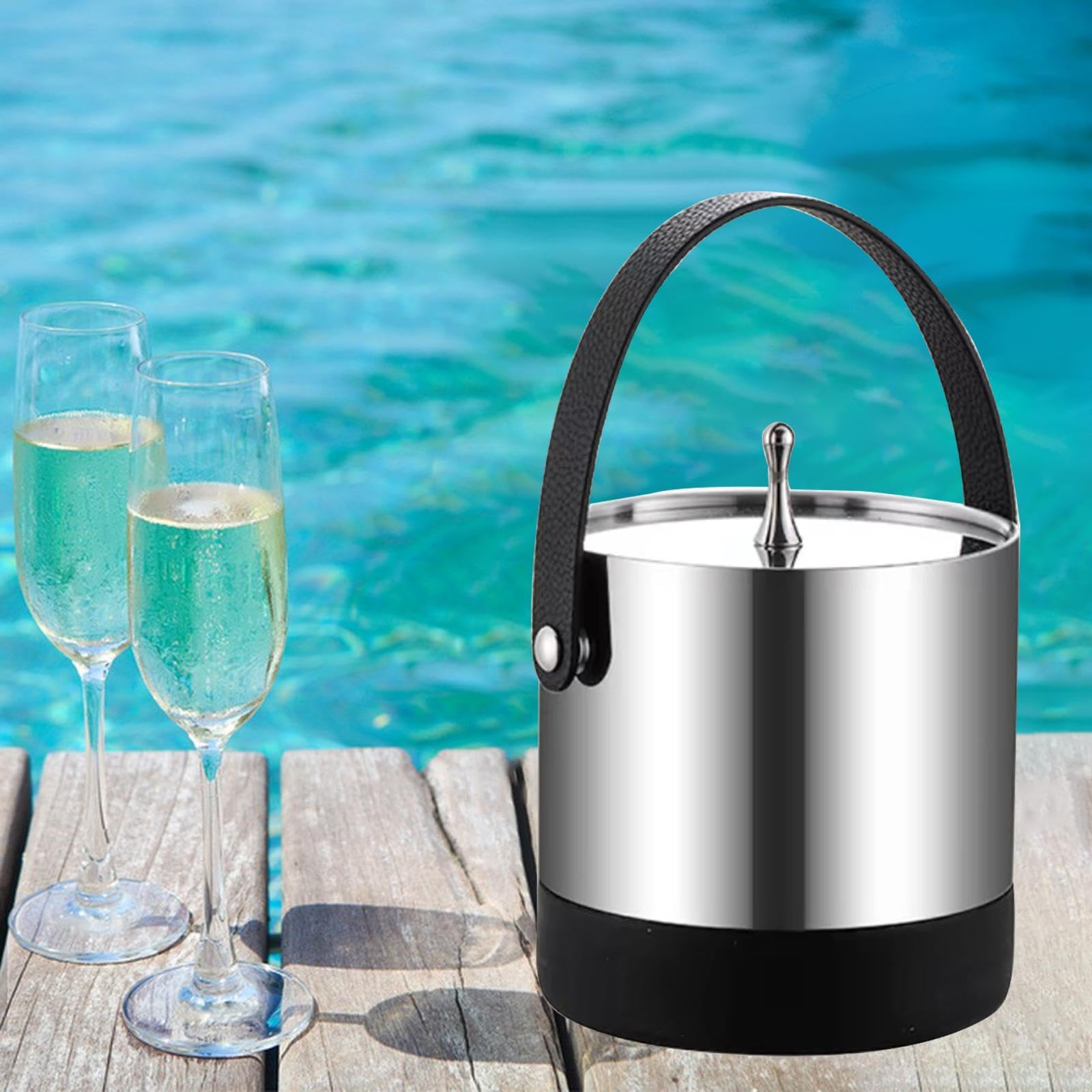 MERIGLARE Cubitera Cubo para Champán Enfriador de Bebidas Recipiente Metálico de Acero Inoxidable con Asa Y Tapa Aislante Adecuado para Fiestas Y Bares, Mango de Cuero Pu, tal como se describe