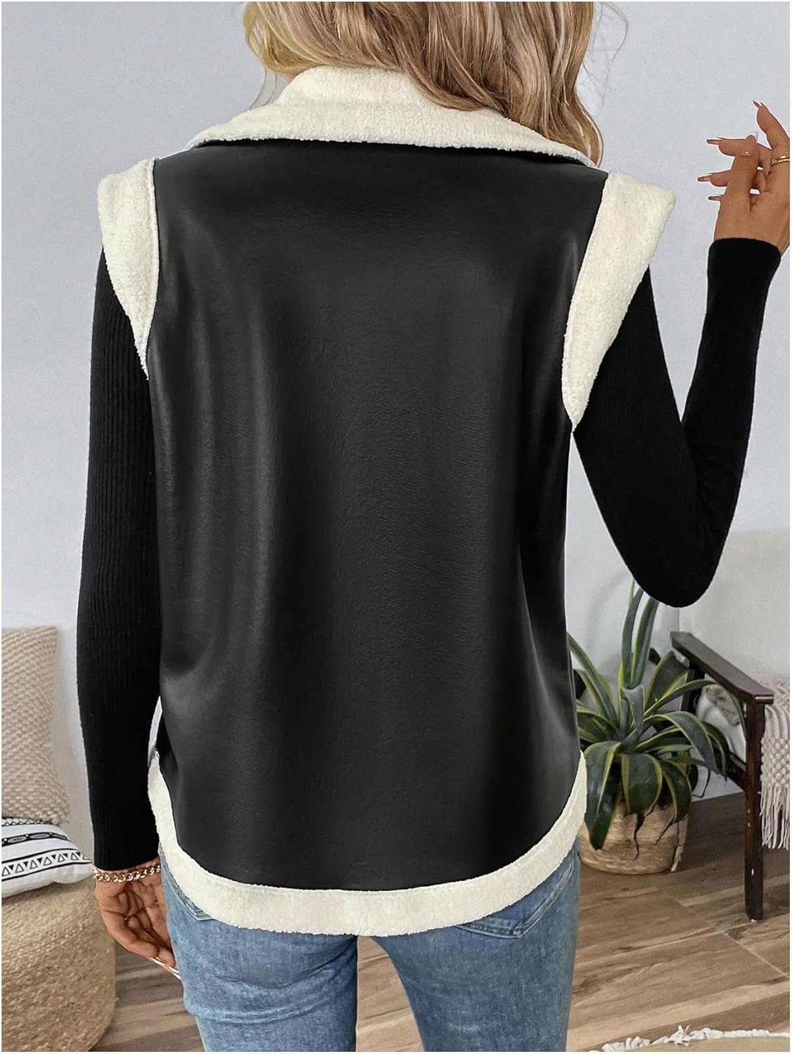 MakeMeChic Women's PU Leather Fuzzy Vest Open Front Sleeveless Pocket Warm Jacket - Image 2