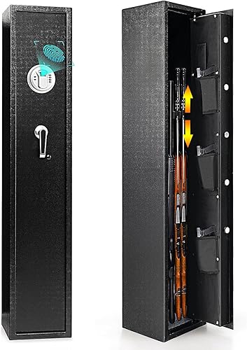 Goplus Caja fuerte para armas, caja fuerte biométrica para rifle de 3 pistolas con bolsillos para pistola, sistema de alarma, casillero resistente