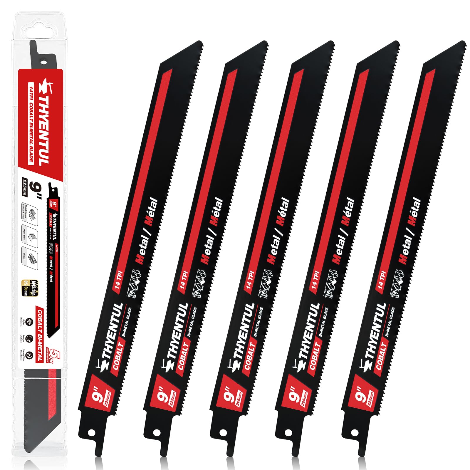 5 Pack 9 inch 14TPI Metal Cutting Sawzall Blades,M42 Teeth with Cobalt Bi-Metal Automatic Dismantling Reciprocating Saw Blades for 1/10-3/10 Medium