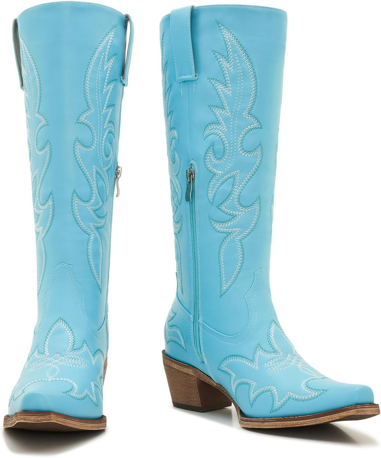 Uillnoodu Women's Turquoise Cowgirl Boots – Wide Calf Mid Calf Western Boots Plus Size Embroidered Cowboy Style with Block Heel