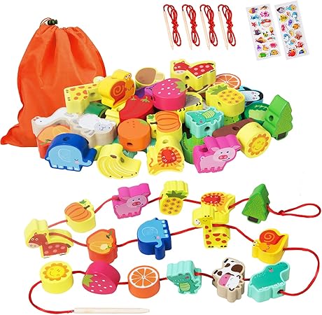 Montessori Educational Wooden Lacing Beads Toys for Toddler 3 4 5 Year Old, Farm Animals Fruits Vegetables Threading Toys Preschool Stringing Fine Motor Skills Toy for Boys Girls [with 3D Stickers]