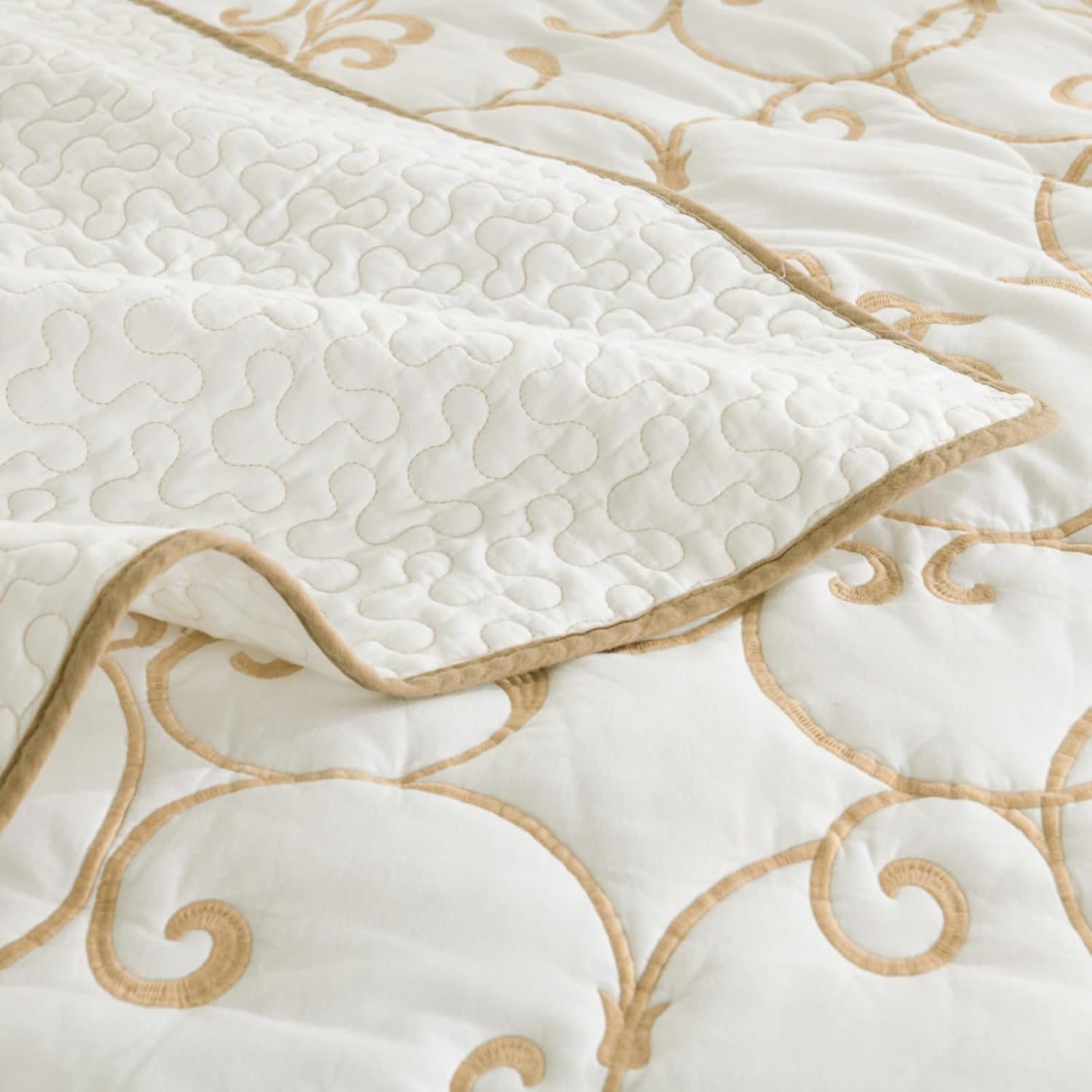 Bedduvit 100% Cotton 120"x120" Oversized California King Bedspread Coverlet Set - 3 Piece Bedspreads Cal King Size Oversized King Quilt Bedding Set, Vintage Embroidery Vine Extra Large Quilt, Beige