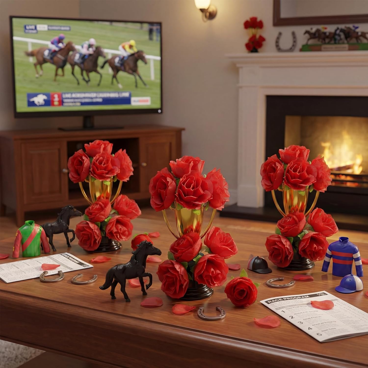 Wenqik Derby Horsing Racing Party Decoration Small Standing Table Centerpieces 100 Red Roses 6 Golden Trophies and 6 Horses for Wedding Freestanding Table Decor Horse Themed Party Favor Bulk