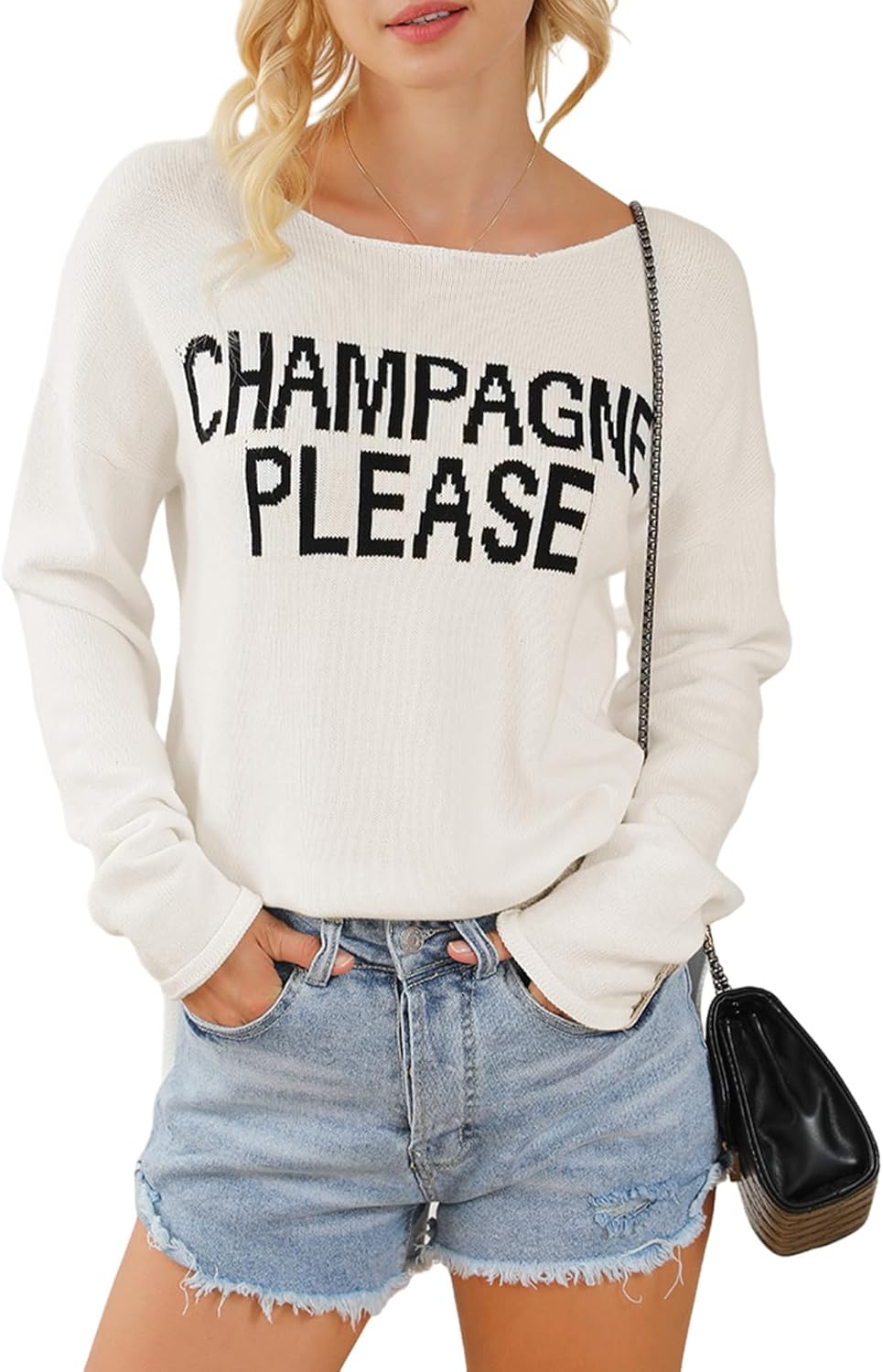 Womens Fashion 2026 Champagne Please Graphic Long Sleeve Pullover Sweater Loose Crewneck Knitted Sweatshirt Tops - Image 5