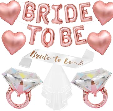 Rose Gold Bachelorette Party Decorations, Rose Gold Bride to Be Banner Heart Balloon with Diamond Ring Foil Balloon, Bride to Be Sash&Veil for Bachelorette Engagement Gift Bridal Shower Party Supplies