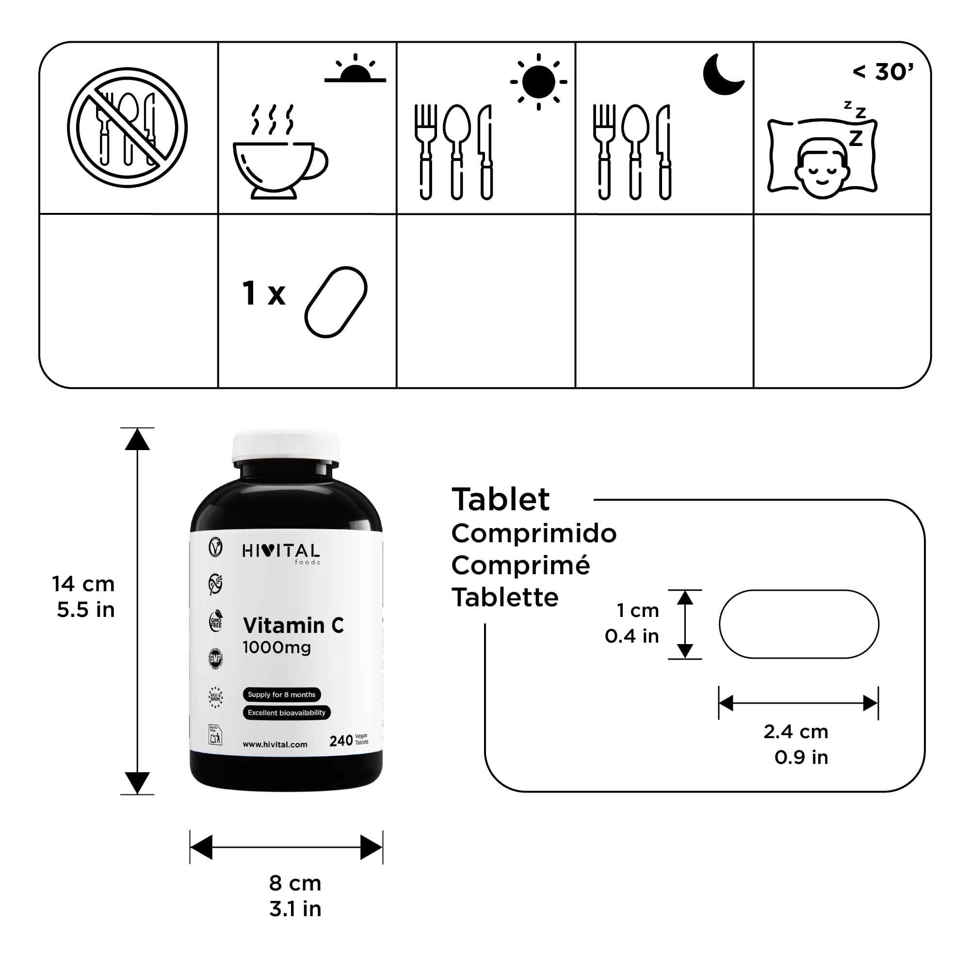 Vitamina C 1000 mg. 240 comprimidos para 8 meses de tratamiento. Vitamina C pura elaborada con un 97% de Ácido Ascórbico. Apto para Veganos. Fabricado en España por HIVITAL