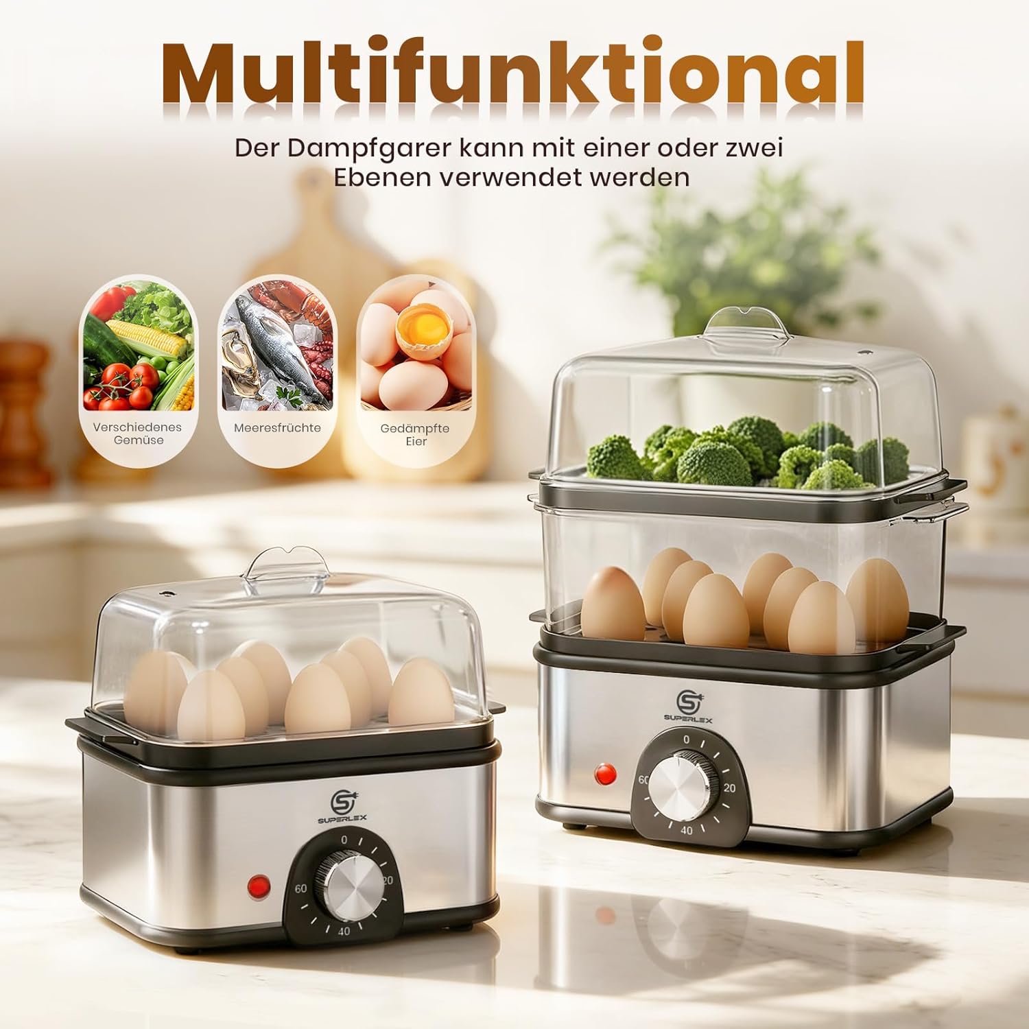 The SUPERLEX egg cooker shown in both single and double-tier configurations, demonstrating its versatility for steaming various foods like vegetables and eggs.