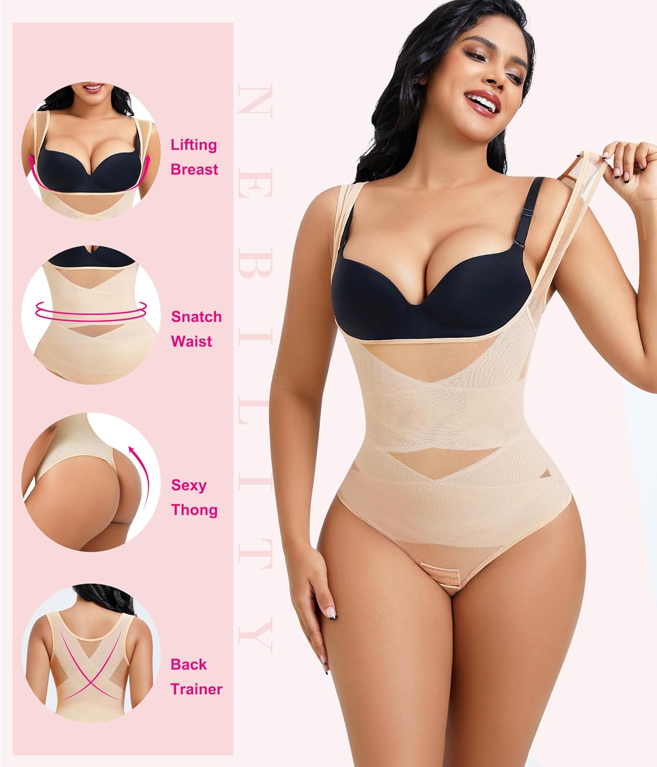 Nebility Thong Shapewear Bodysuit for Women Tummy Control Body Shaper Faja Seamless Waist Trainer Corset Stomach Girdles - Image 4