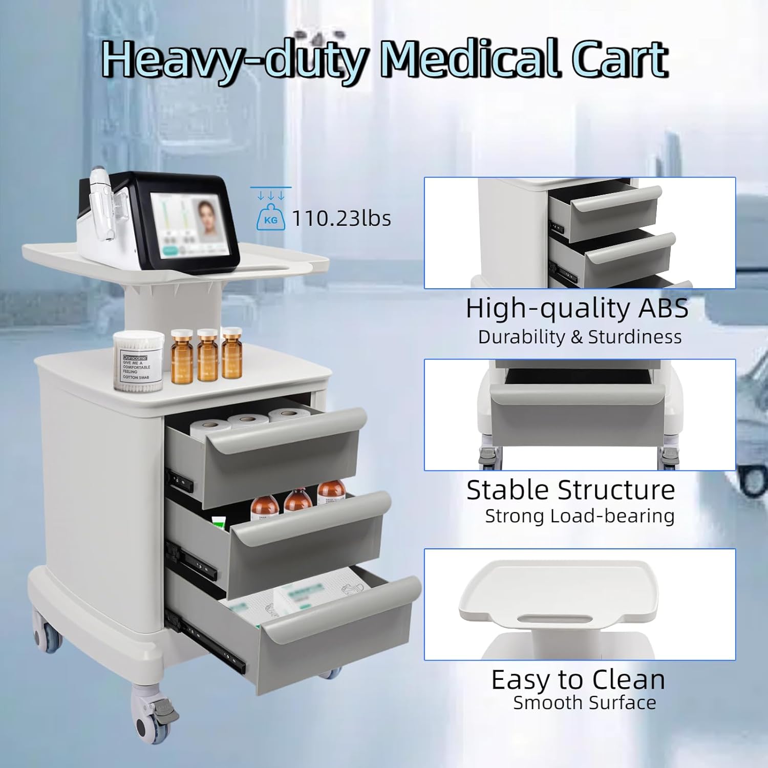 Mobile Medical Cart with 3 Drawers, Utility Cart with Wheels Commercial Hospital Office Lab Cart Beauty Salon Storage Trolley, for Hospital Lab Clinic Pet Shop