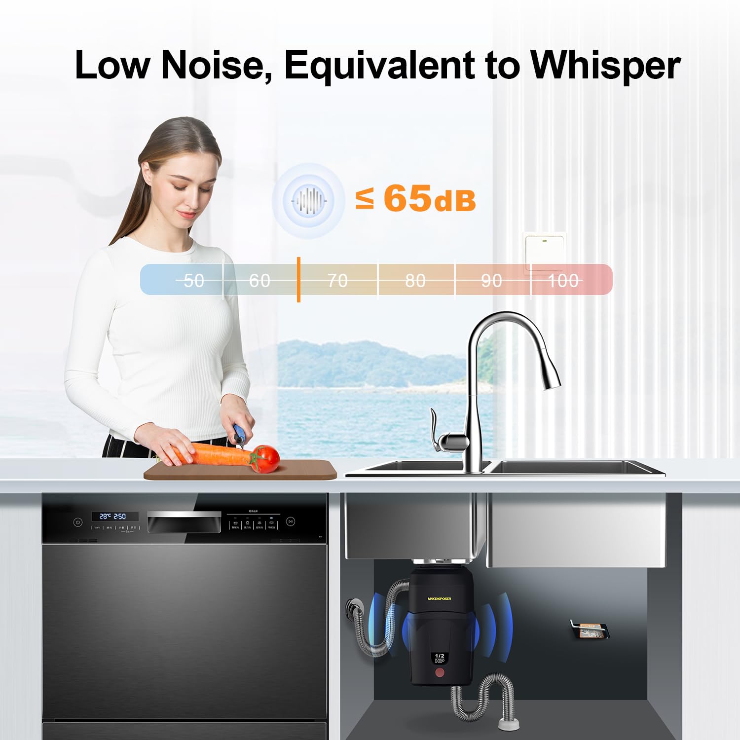 Triturador de residuos de alimentos, 1/2 HP, fácil de instalar, silencioso, con cable, alimentación continua, molienda de acero inoxidable, media potencia (A400)