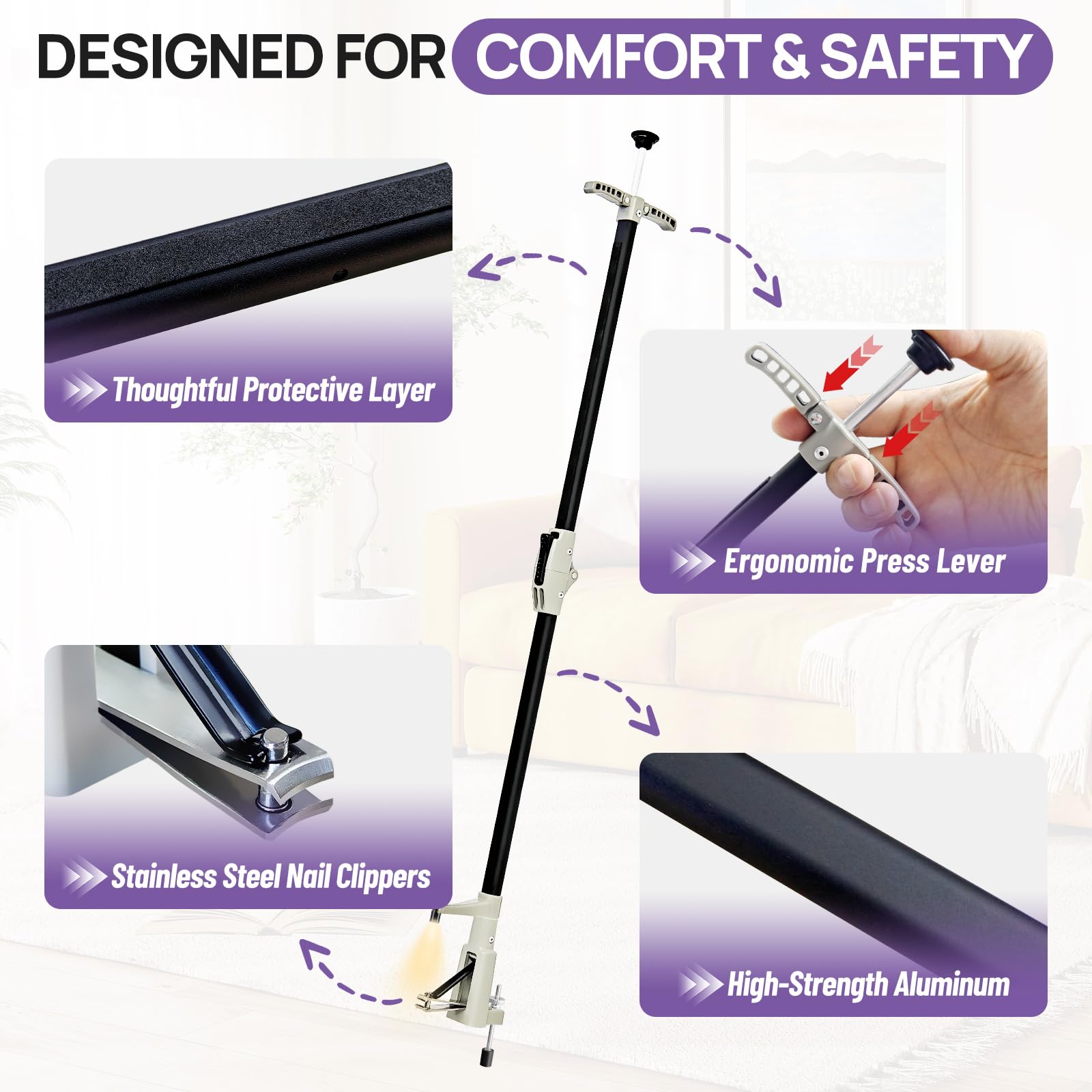 Cortaúñas de mango largo con endoscopio HD y luz LED, aluminio plegable de 32 pulgadas, pata de soporte ajustable, hoja de acero inoxidable para uñas gruesas, para personas mayores, usuarios