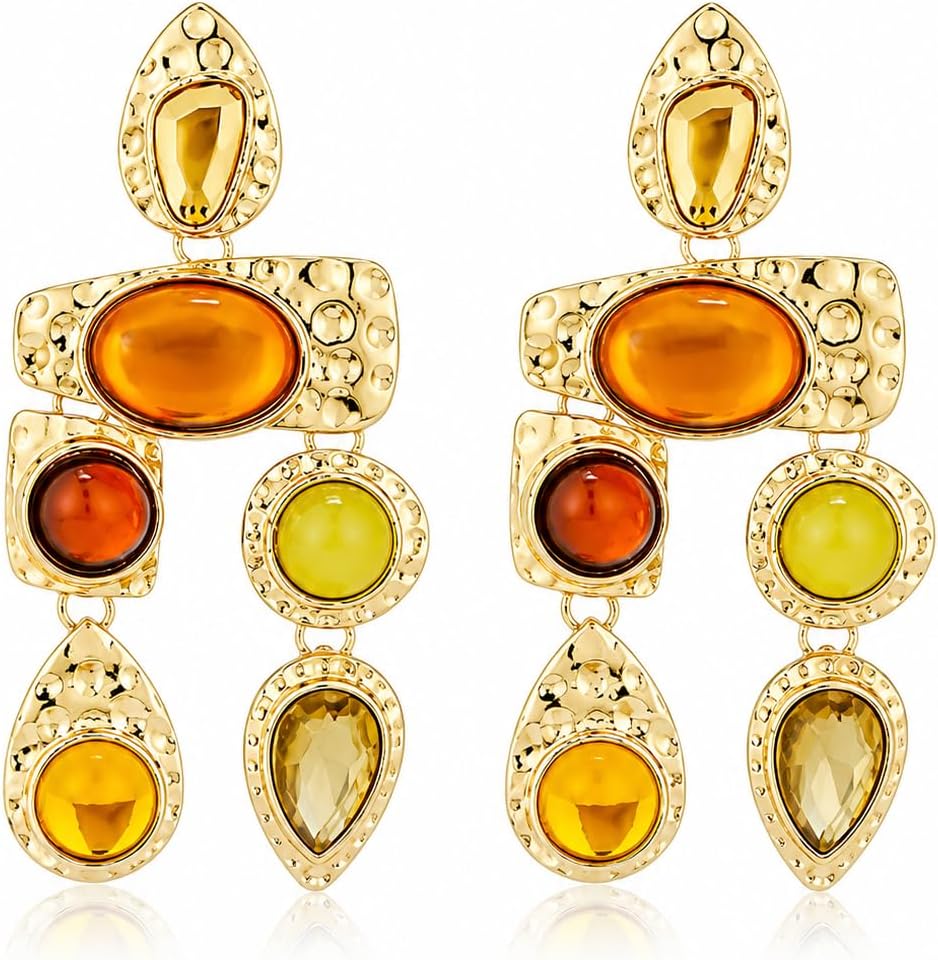 SNGIA 18K Gold Plated Dangle Boho Gemstone Earrings for Women by SNGIA, Boho Jewelry for Women, Dangling Large Big Unique Vintage Earrings for Women, Trendy Bohemian Handmade CZ Jewelry Gifts