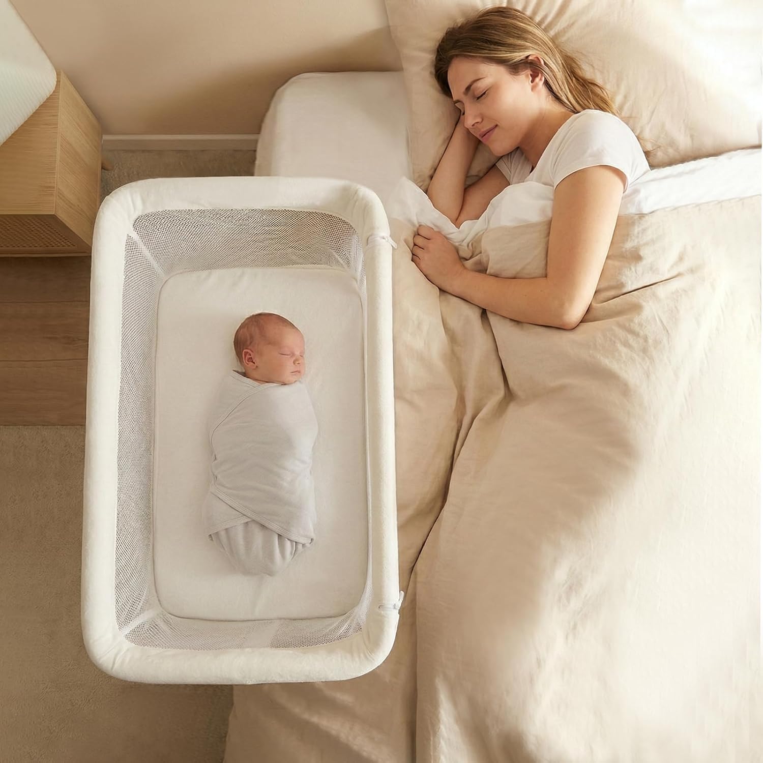 INFANS Over Bed Bassinet for Baby, Bedside Sleeper with Lowering Wall for Easy Access, Safe Close Sleeping, Adjustable Height, Storage, Newborn Infant Girls Boys (White)