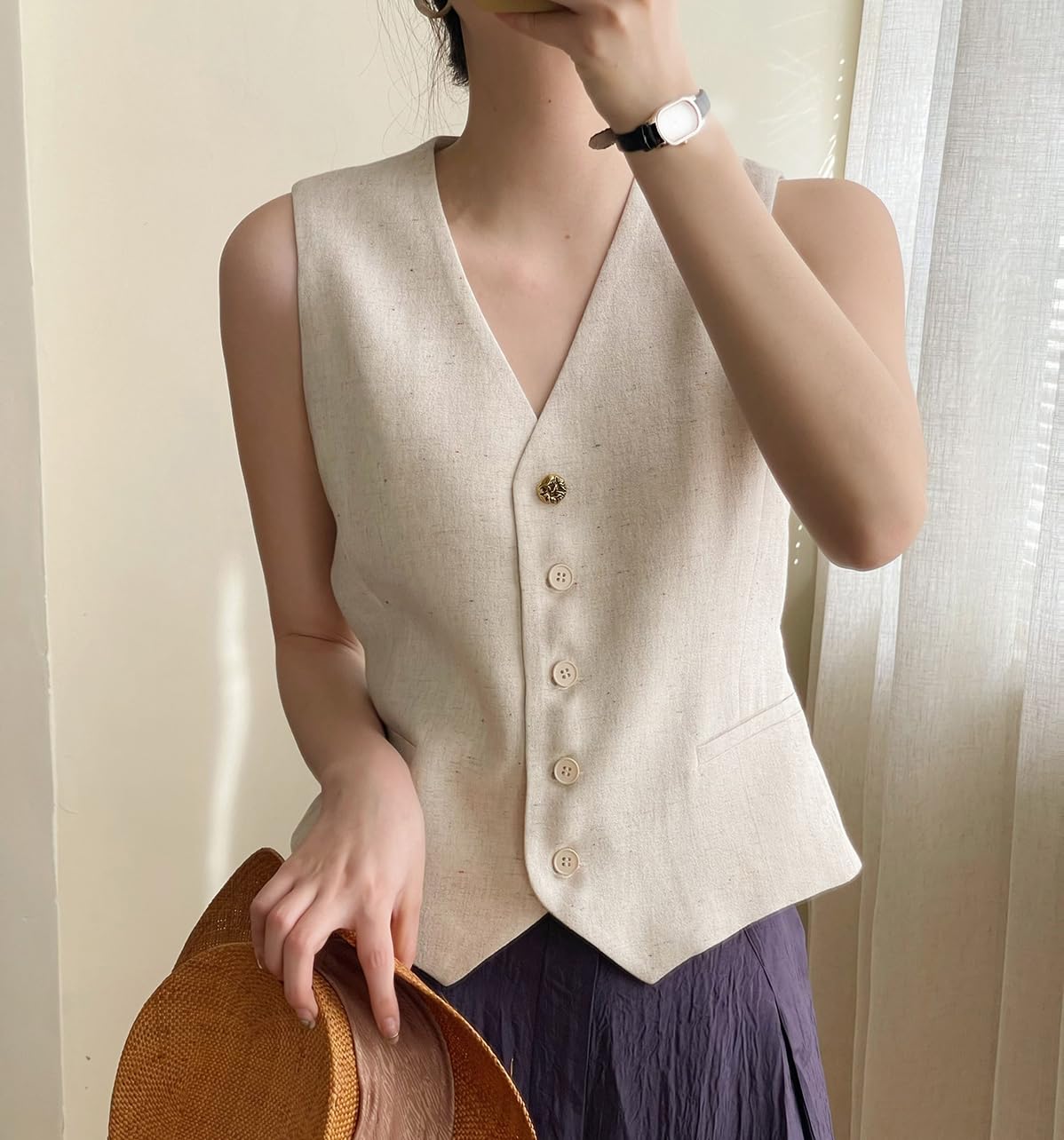 Chaleco de lino para mujer, cuello en V, de un solo pecho, elegante chaleco de negocios, top