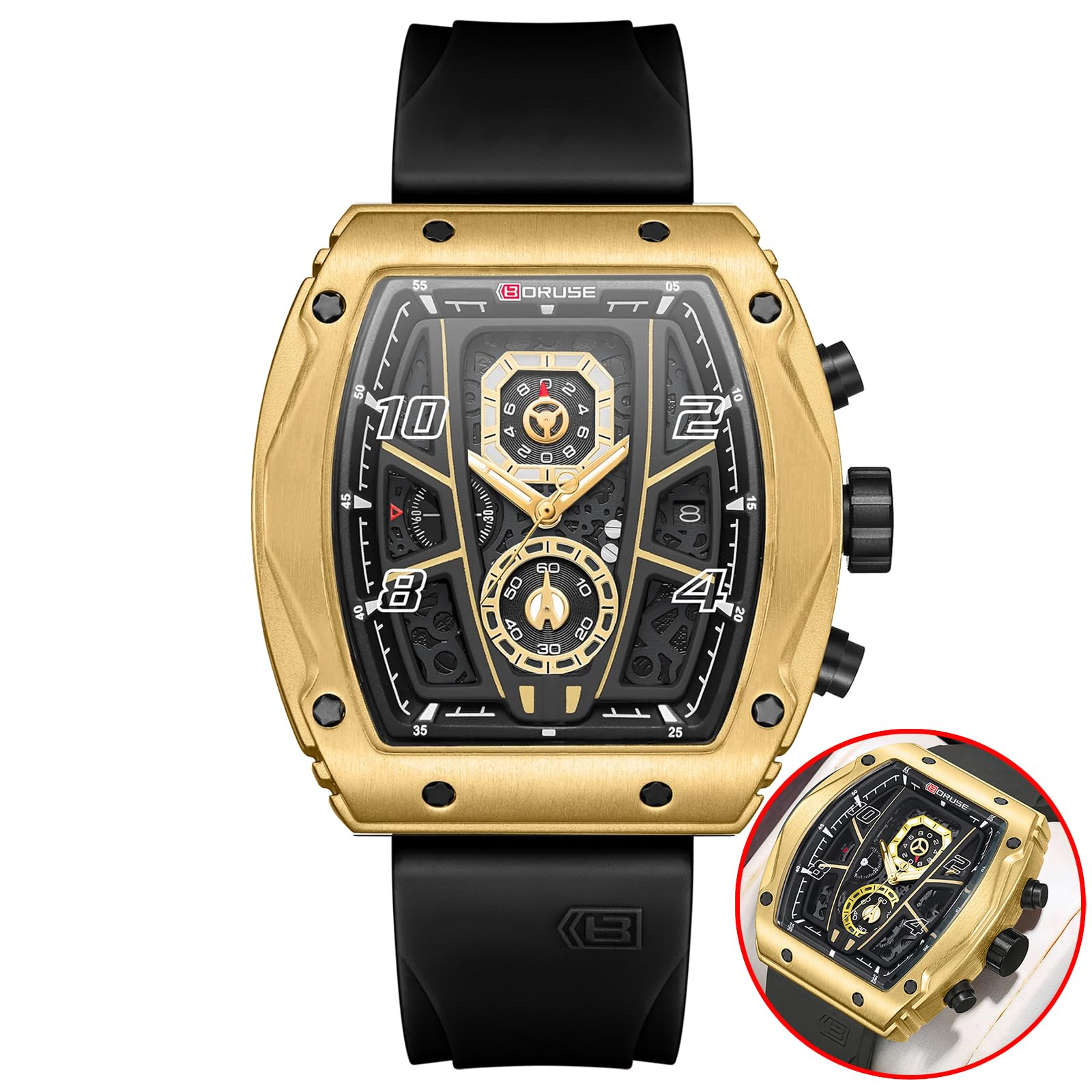 BORUSE Chronograph Watch for Men Sport Military Big Face Quartz Watches Fashion Waterproof Silicone Strap Luminous Calendar Analog Wristwatch, Black & Gold, Sport (B0CYW7WRPN) Amazon Price History, Amazon Price Tracker