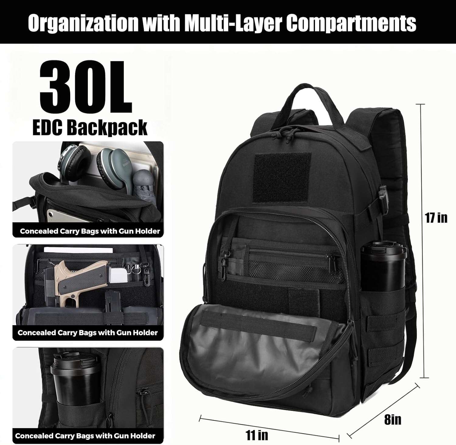 Tactical Backpack for Men Military Backpacks with Holster Army 3 Days Assault Pack Bug Out Bag for Hiking Camping (Black) - Image 5