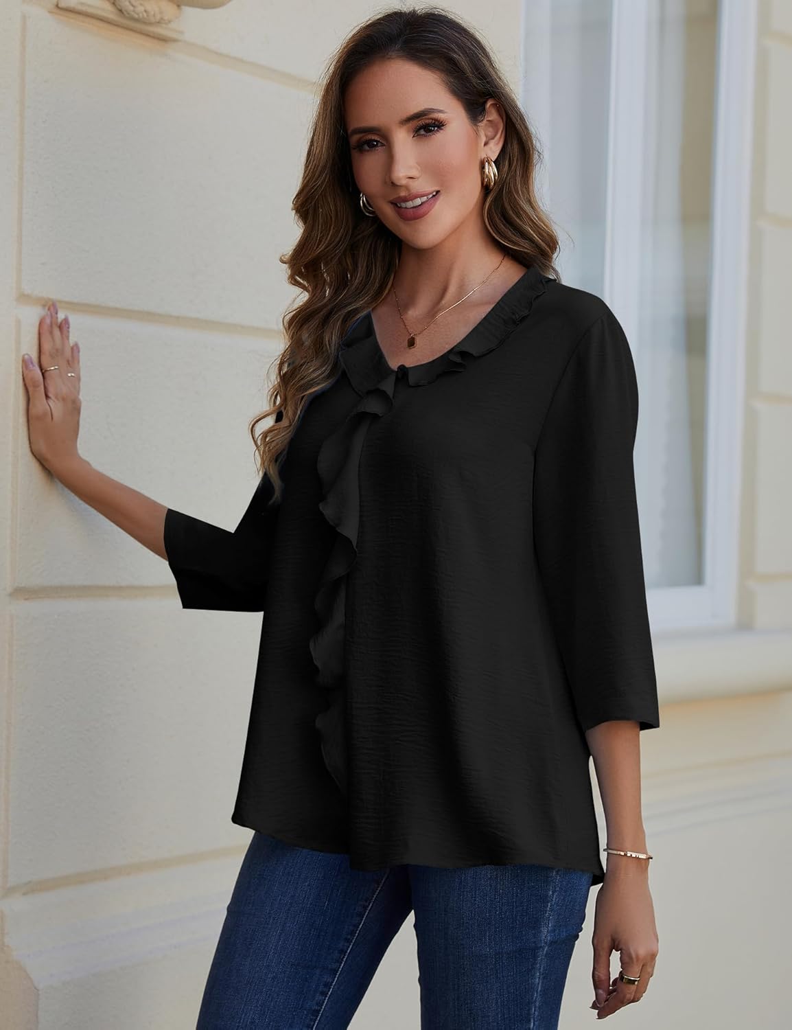 AKEWEI 3/4 Length Sleeve Womens Tops Dressy Casual Blouses Ruffle V Neck T Shirts Cute Curved Hem Tunic Tee Fashion 2026 - Image 3