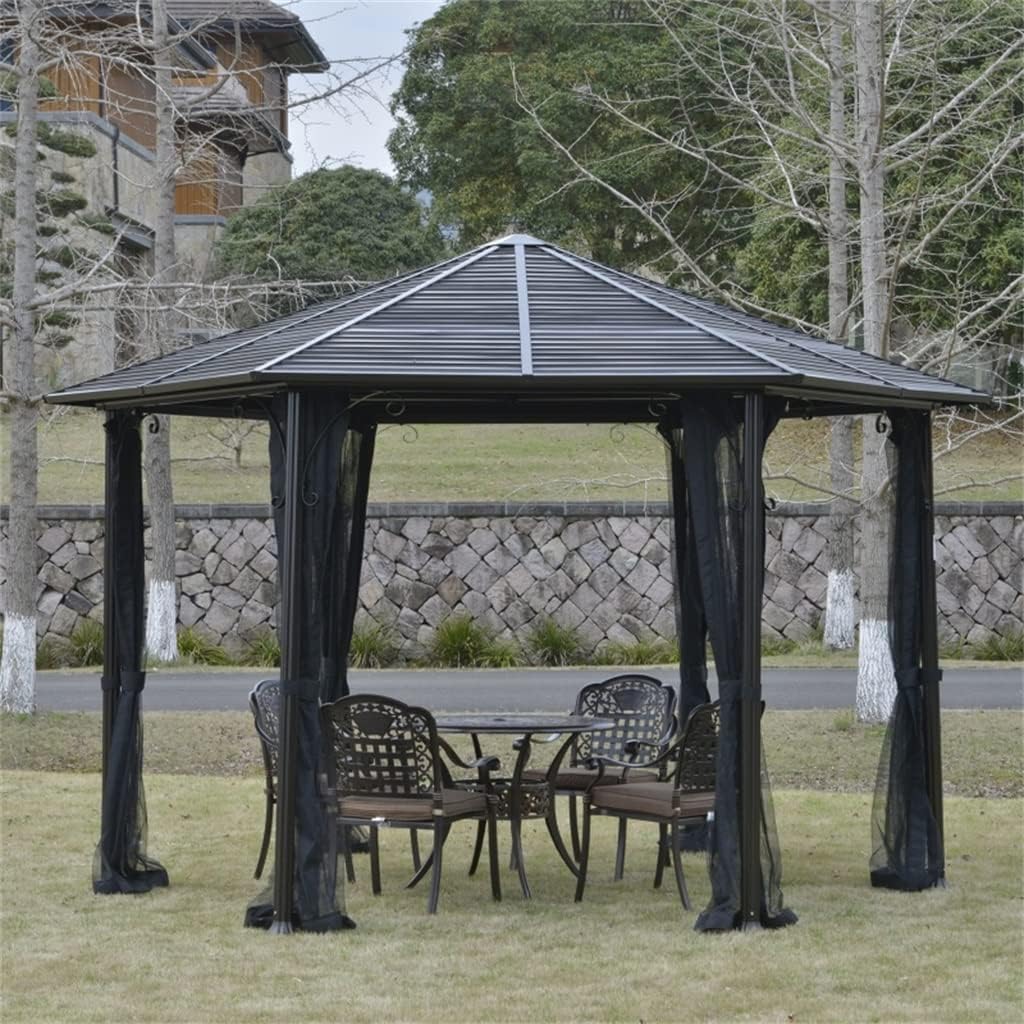 13' X 13' Hardtop Hexagonal Gazebo Canopy with Steel Roof, Heavy-Duty Aluminum Alloy Frame Ventilating Mesh Sidewalls