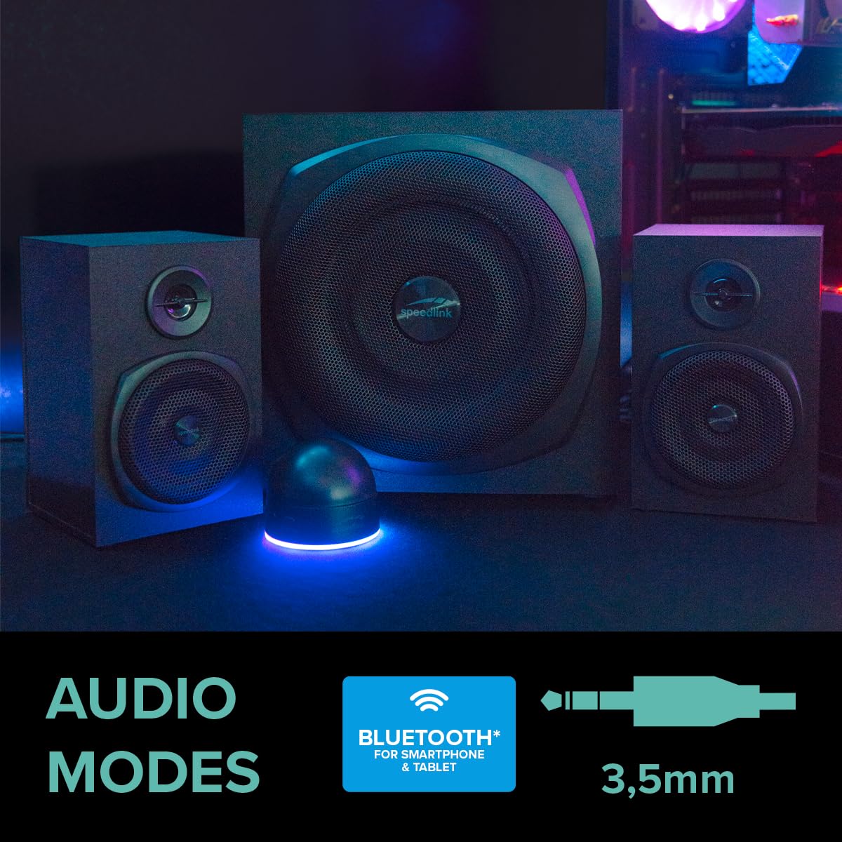 Speedlink GRAVITY LT głośniki komputerowe 2.1 z Bluetooth - z drewnianym subwooferem, aktywny system głośników 80 W, gniazdo AUX 3,5 mm, pilot biurkowy RGB, czarny