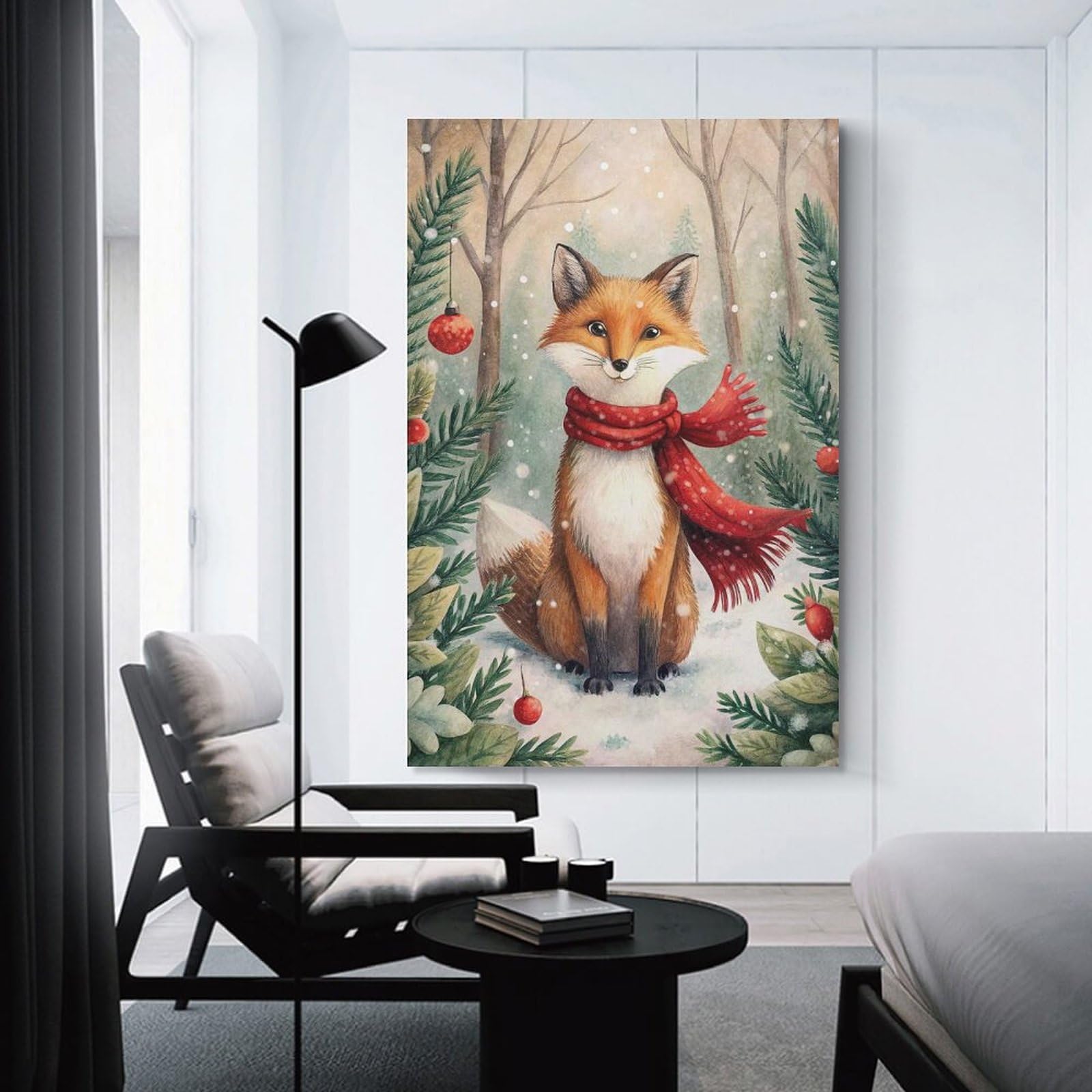 Junmoney Winter Fox with Scarf And Ornaments Wall Picture Print 24x36inch(60x90cm), for Home Walls, Creative Rooms Or Shared Spaces, Stylish Home Artwork for Focal Walls
