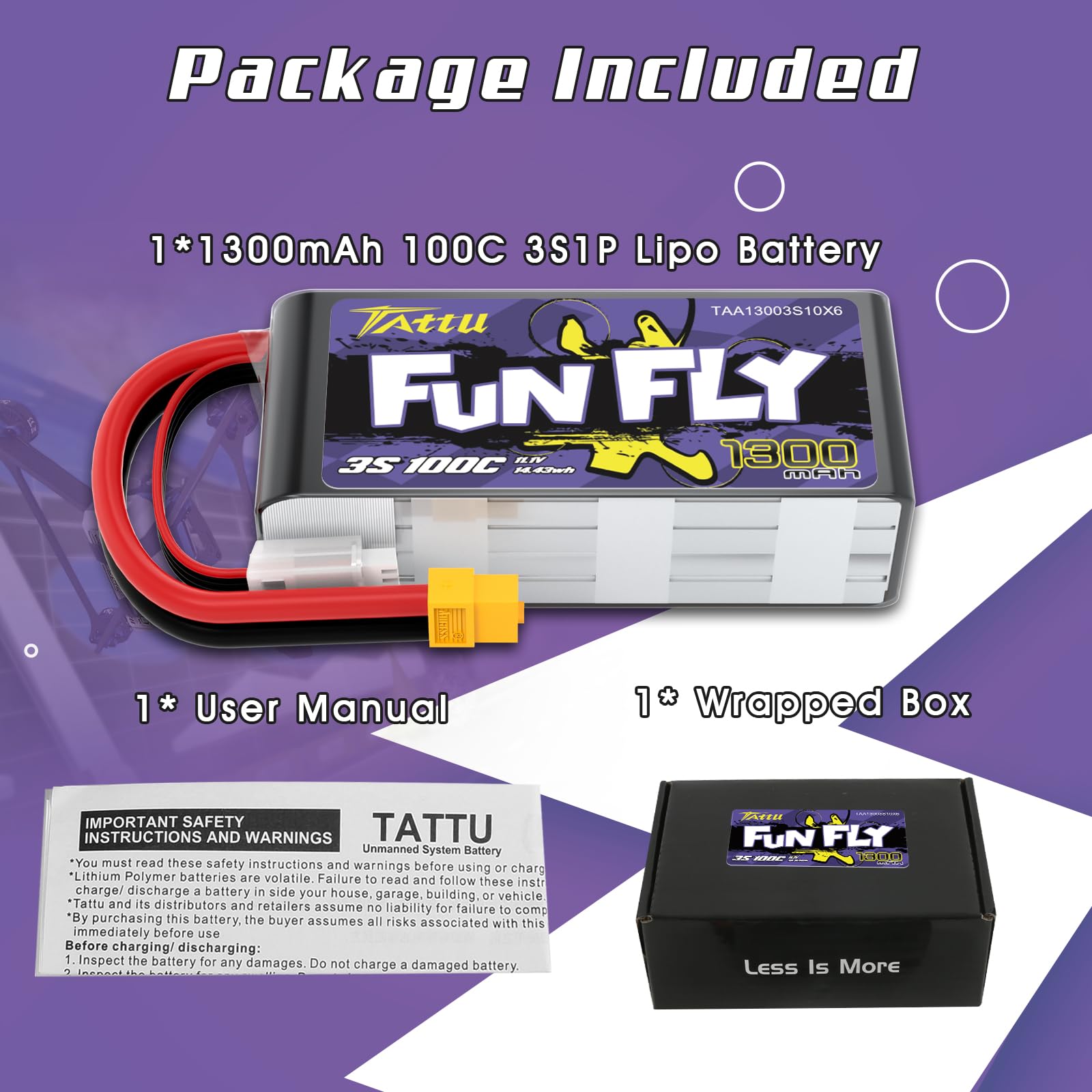 Tattu 3S LiPo 1300mAh 11,1V 100C Funfly Batería con conector XT60 para UAV, Drones FPV y Quadricópteros