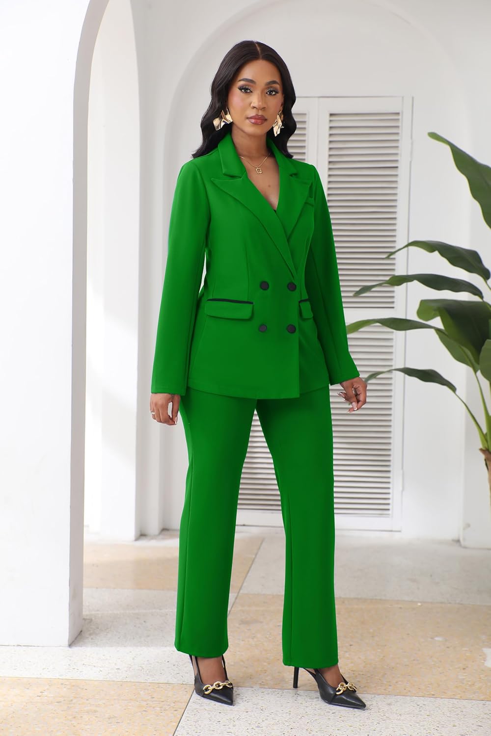 Ophestin Women 2 Piece Pant Suits Set Long Sleeve Striped Color Jackets Blazer Business Casual Dressy Work Office Outfits - Image 3