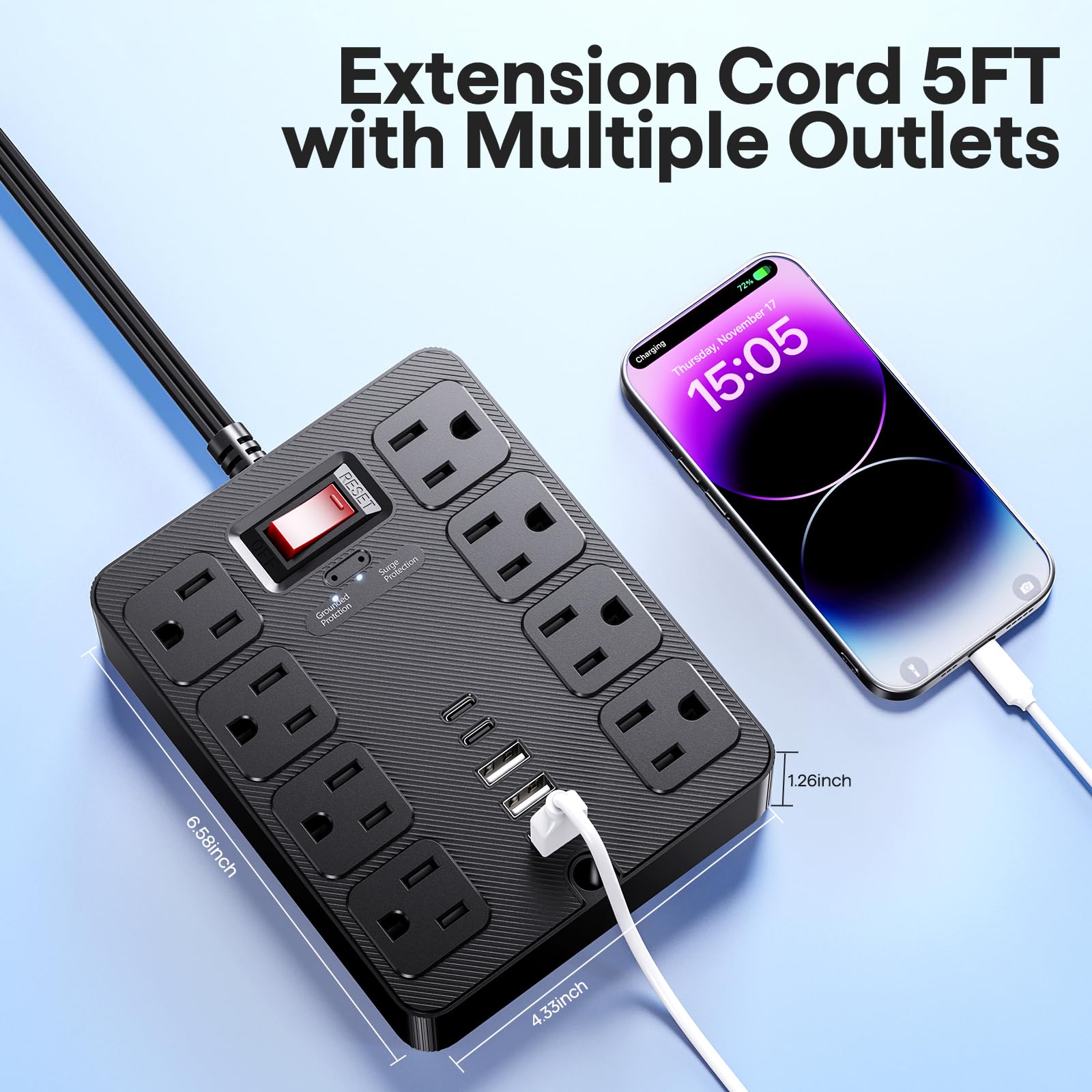 Conector plano 14 en 1 con protección contra sobretensiones, 8 enchufes de CA anchos, 4 puertos USB, 1250 W/10 A, cable de extensión de 5 pies con múltiples enchufes, extensión de computadora para