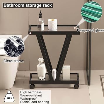 Metal Storage Shelves, Bathroom Narrow Ga-p Organizer Stand, Side Table Cart With Glass Top & Wheels For Living Room Bedroom Kitchen Office(Beige,45x15x50cm)