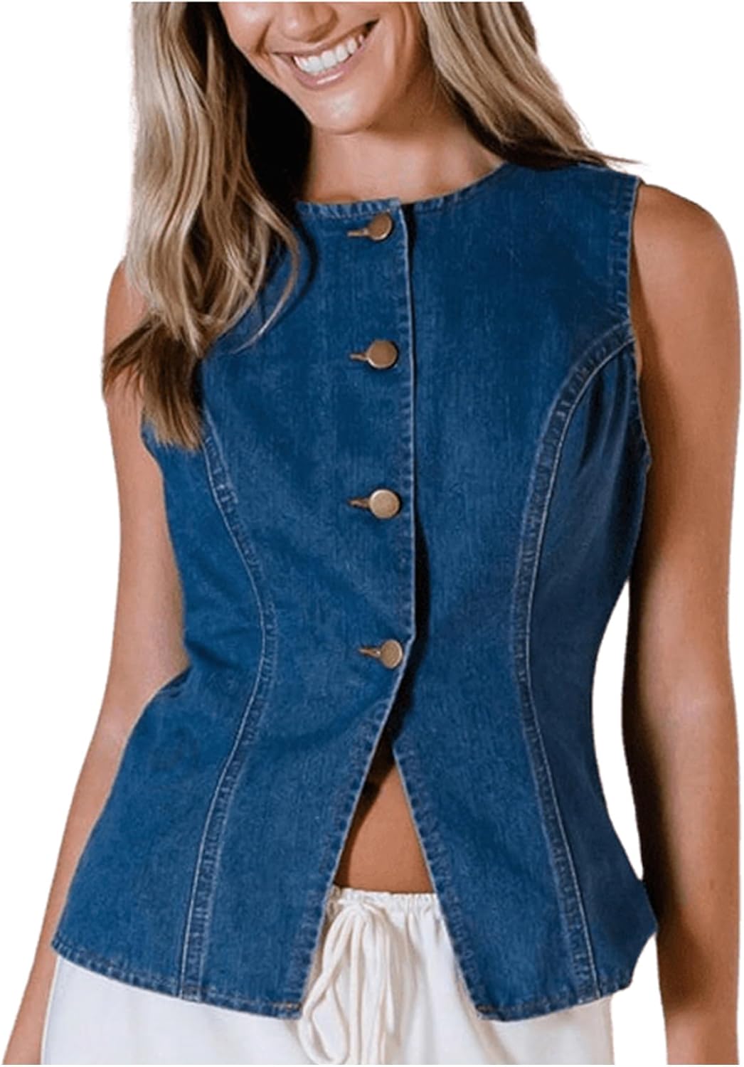 Milumia Women's Vintage Button Down Denim Tank Top Split Hem Sleeveless Vests