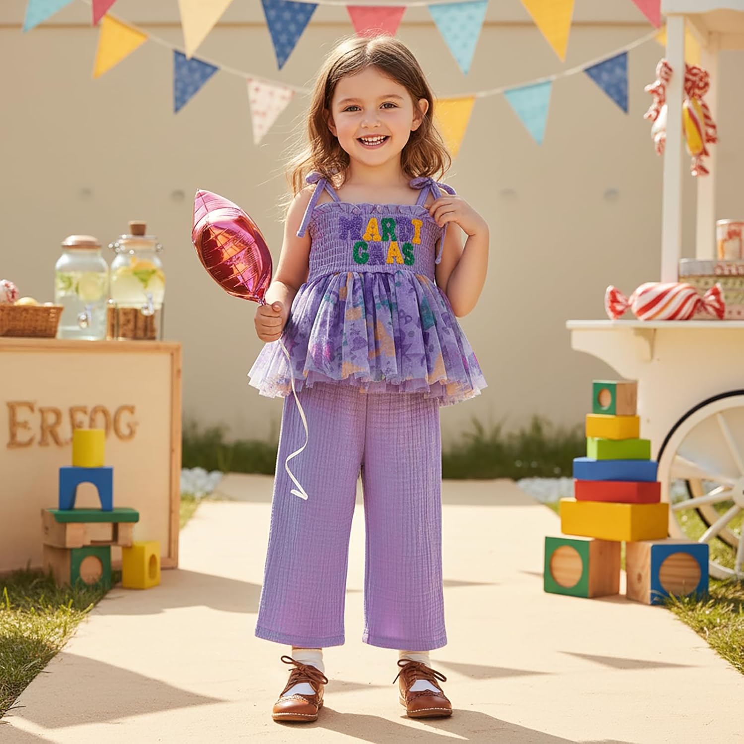 Kayotuas Toddler Girl Carnival Smocked Outfit Strap Tank Top Dress Pants Kid Girls Festival Party Clothes Fat Tuesday Outfits - Image 2