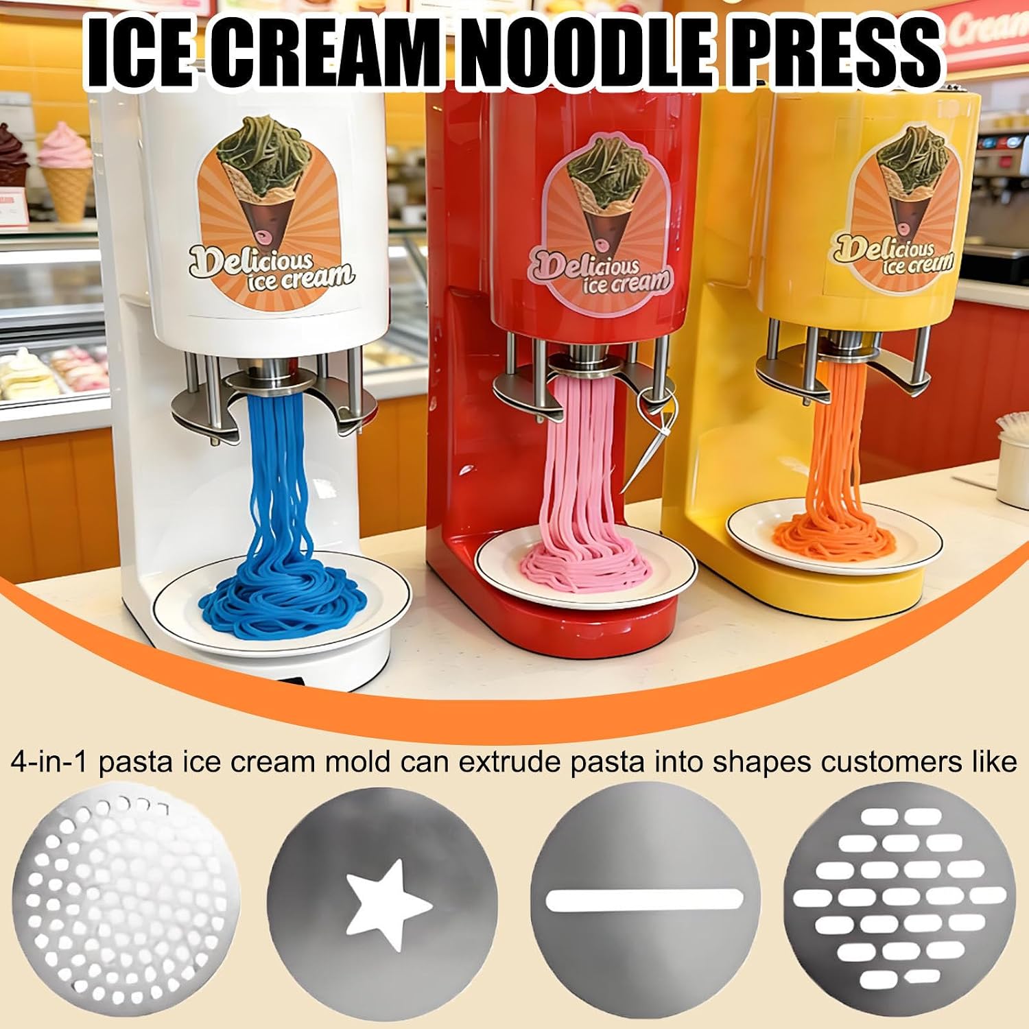 Commercial Spaghetti Ice Cream Maker Machine,4 In 1 Soft Ice Cream Extruder Machine W/ 4 Noodle Shape Molds,420ml Hopper,7.4-7.9 Gal(28-30l)/Hr,80w Noodle & Spaghetti Ice-Cream Press TypeB