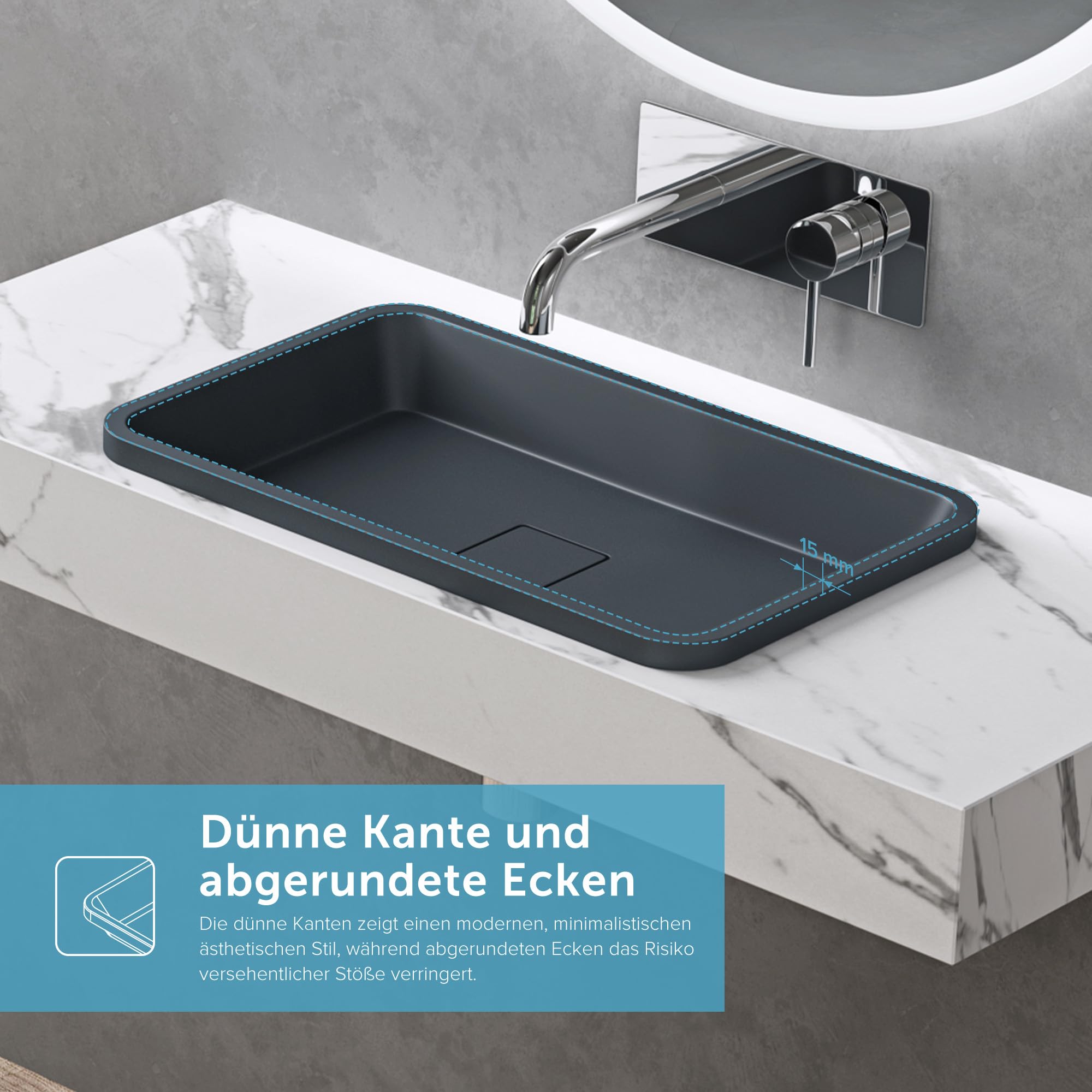 Lavabo encastrado de mármol fundido 53x33x10,5cm antracita mate rectangular con tapa desagüe