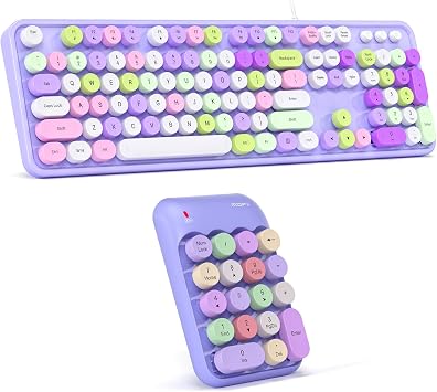 MOWUX Computer Keyboard Wired/Wireless Number Pads,Plug and Play USB Retro Round Typewriter Keyboard, Full Size Wired Keyboard with Foldable Stands for Laptop and Office PC- Purple Colorful